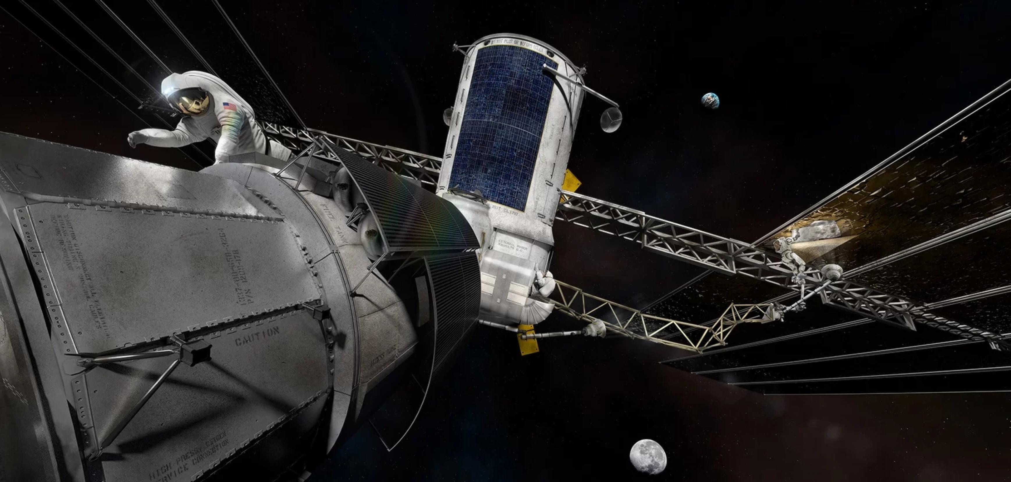 Die Grafik zeigt die geplante Raumstation im Mondorbit, das Lunar Orbital Platform-Gateway.