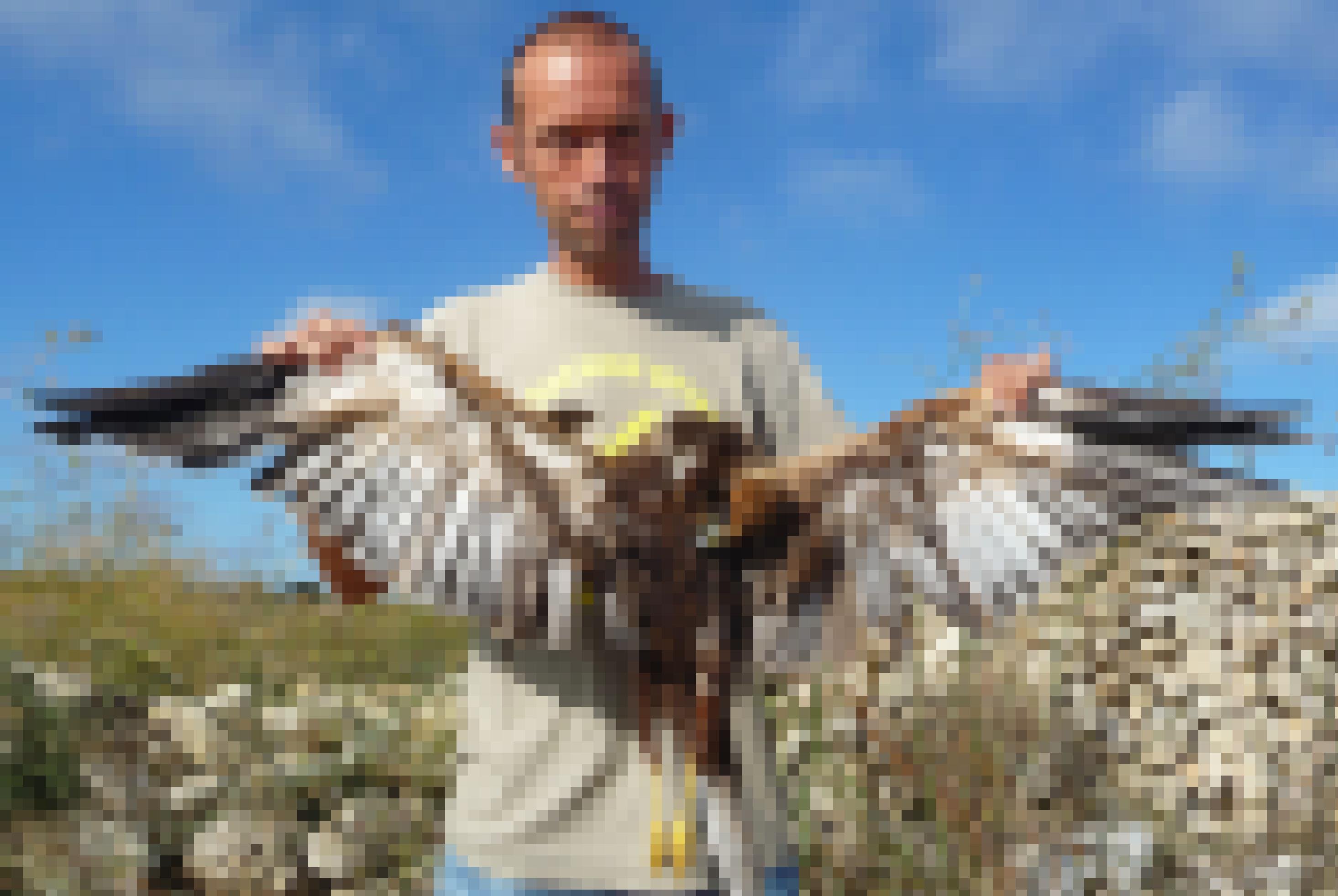 Alexander Heyd vom Komitee gegen den Vogelmord mit einer geschossenen Rohrweihe auf Malta. Er hält den Vogel an den Flügeln