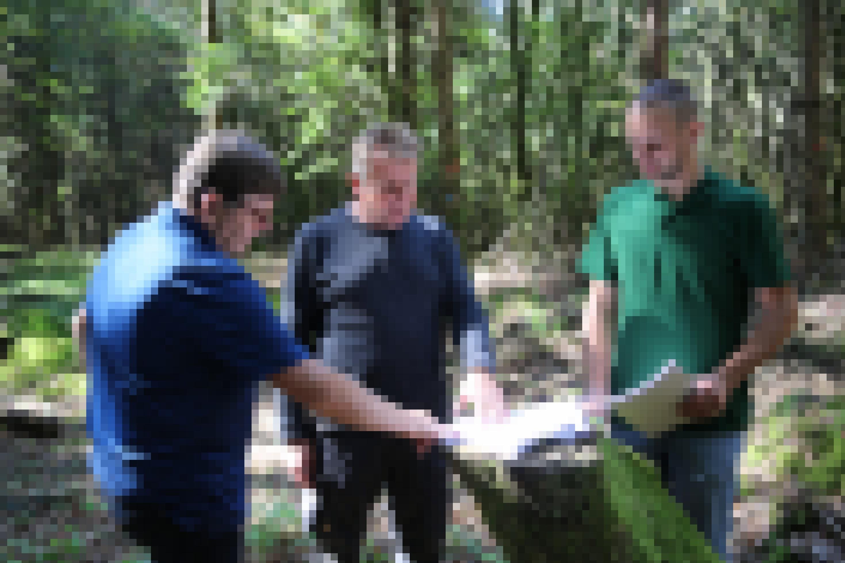 Drei Männer auf einer Waldfläche