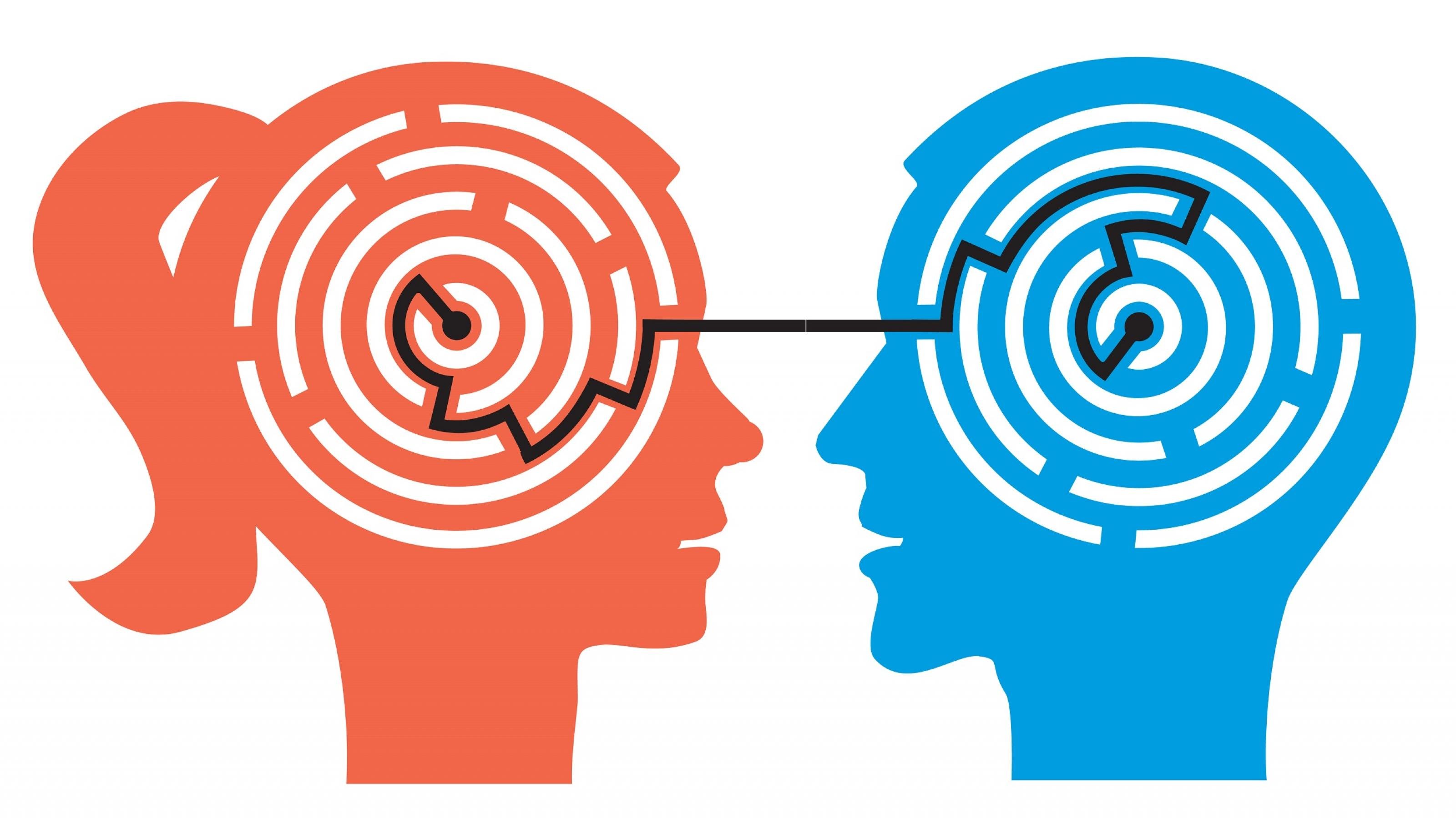 Scherenschnitt-artige Zeichnung eines roten Frauenprofils und eines blauen Männerprofils. Statt der Gehirne haben beide ein Labyrinth im Kopf. Die Labyrinthe sind durch eine schwarze Linie verbunden..