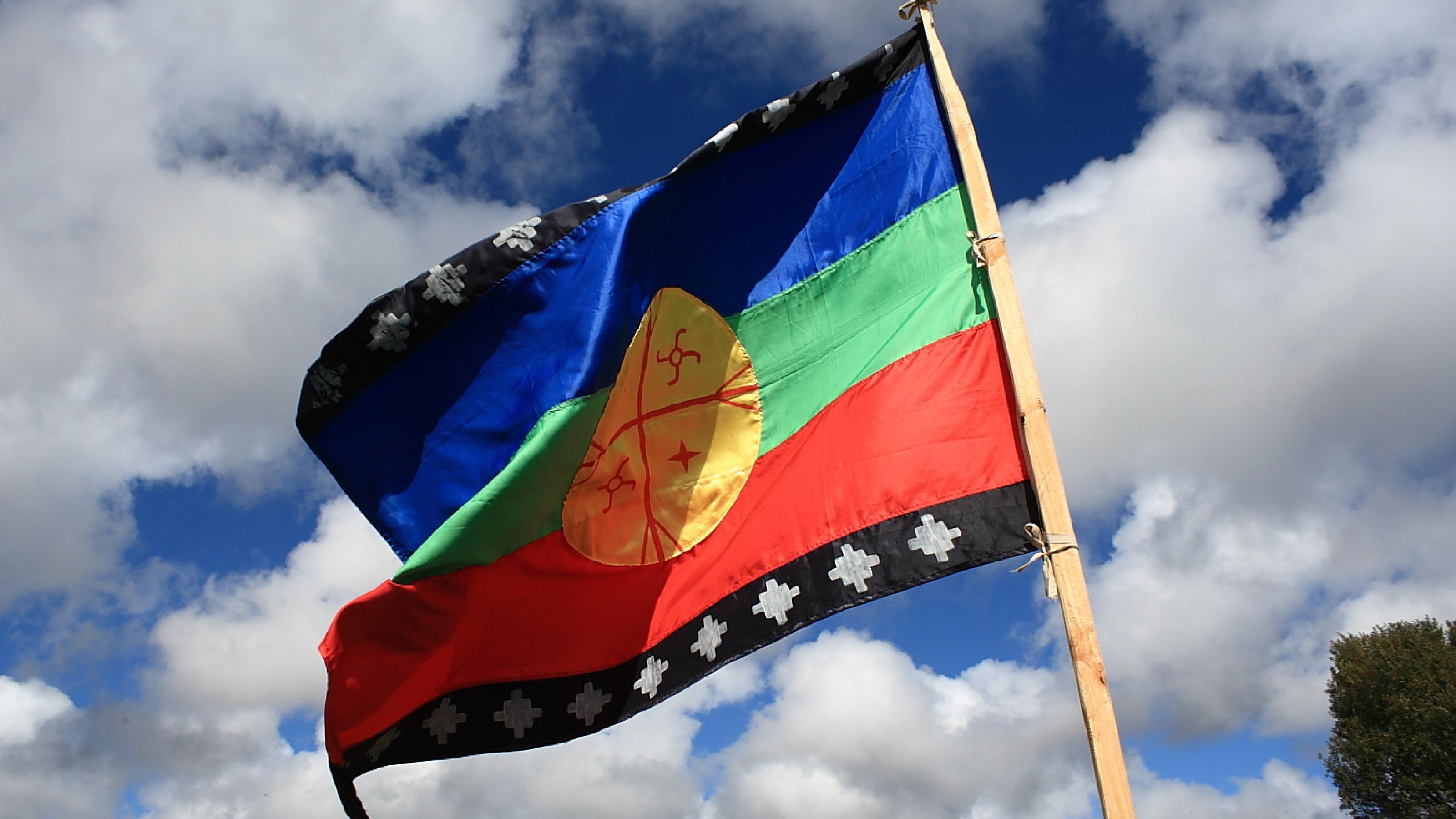 Die Fahne der Mapuche weht im Wind.
