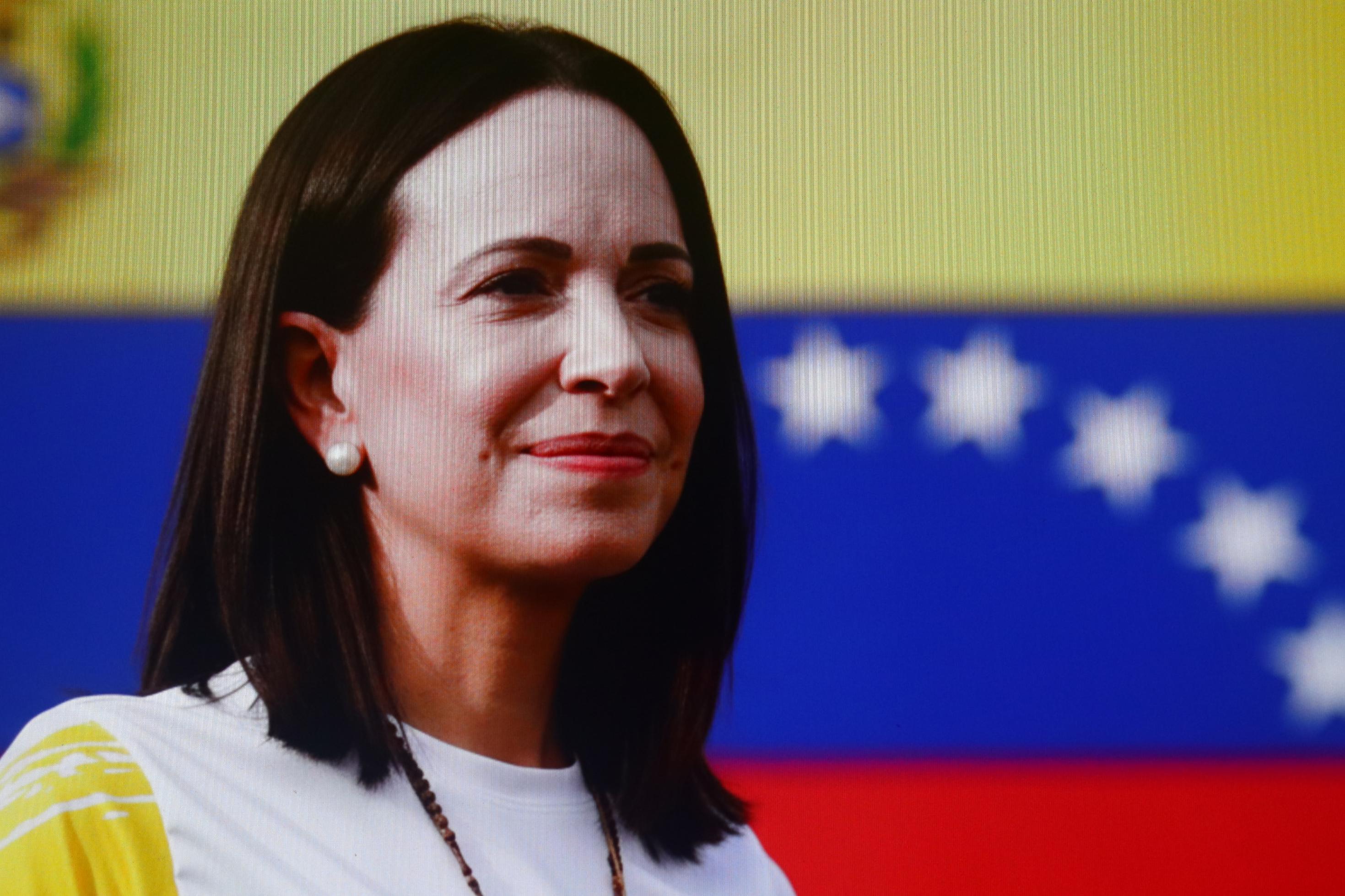 Eine Frau mit dunklen Haaren vor der Flagge von Venezuela