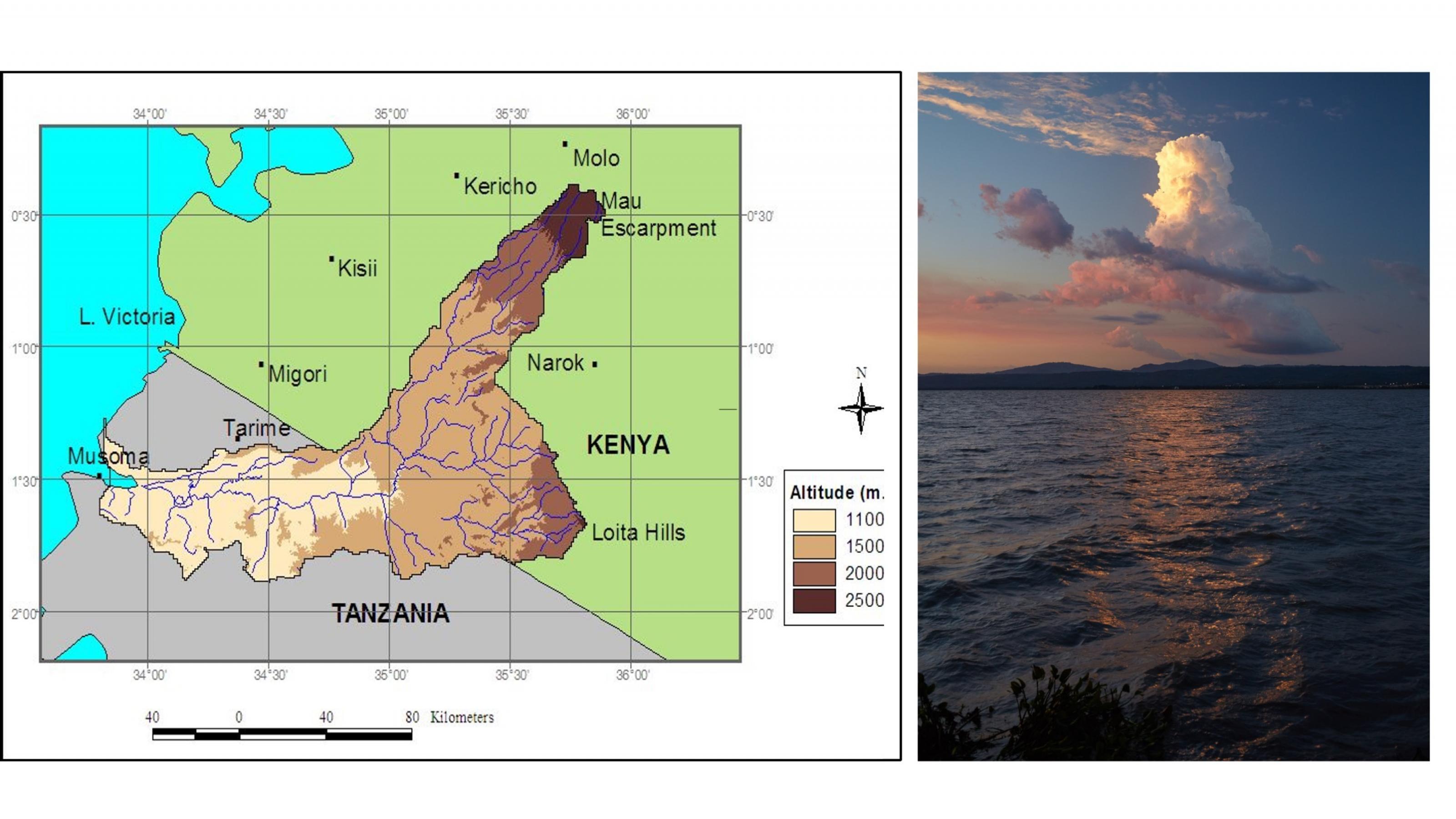 Links ist eine Karte zu sehen, mit Kenia imNorden und Tansania im Süden, dem Victoria-See im Westen. Die unterschiedlichen Höhen sind farblich wiedergegeben, mit dem Mau-Wald als höchstem Bereich in über 2500 Metern Höhe. Im Zentrum ist das verzweigte Mau-Mara-Flusssystem gut zu erkenne.
