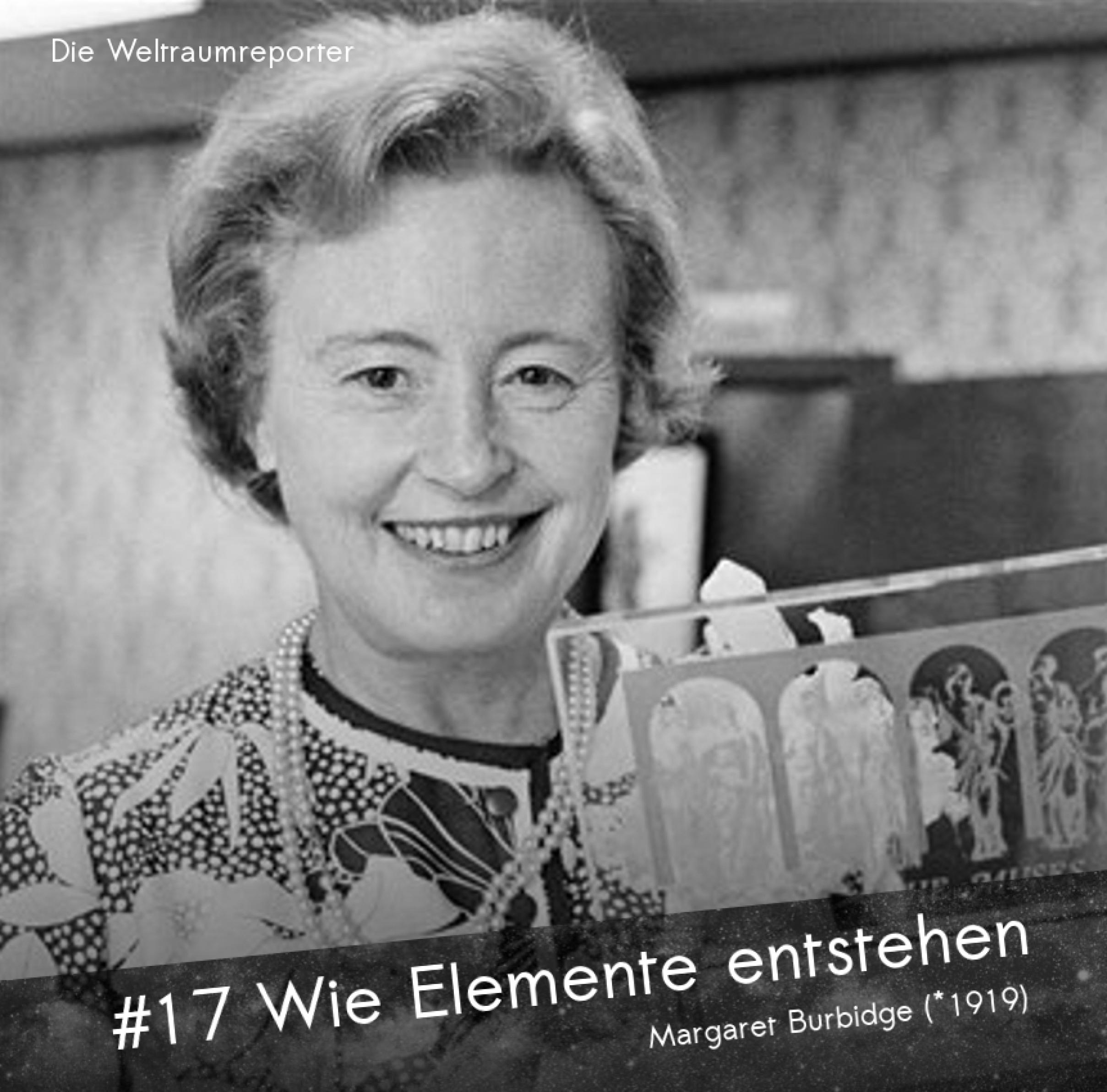 Eine Frau im mittleren Alt blickt lachend in die Kamera, hält in der Hand eine Preistrophäe aus Plexiglas: Margaret Burbidge, Wie Elemente entstehen