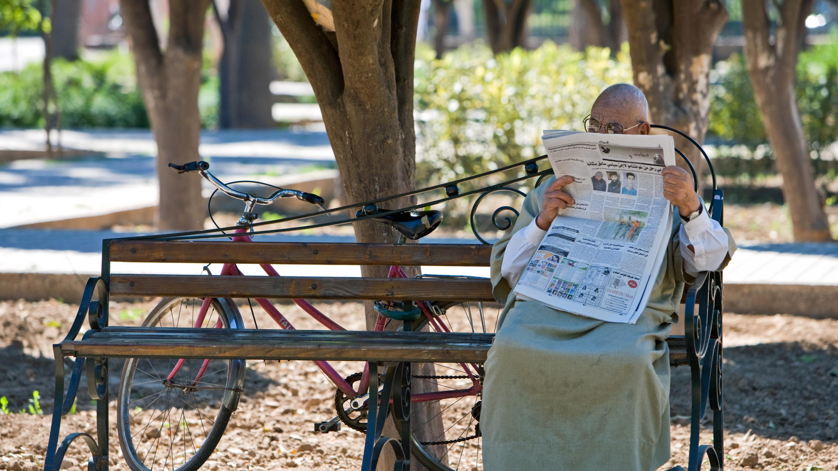 Ein älterer Mann sitzt auf einer Bank im Park und liest Zeitung. Im Hintergrund lehnt ein Fahrrad an einem Baum.