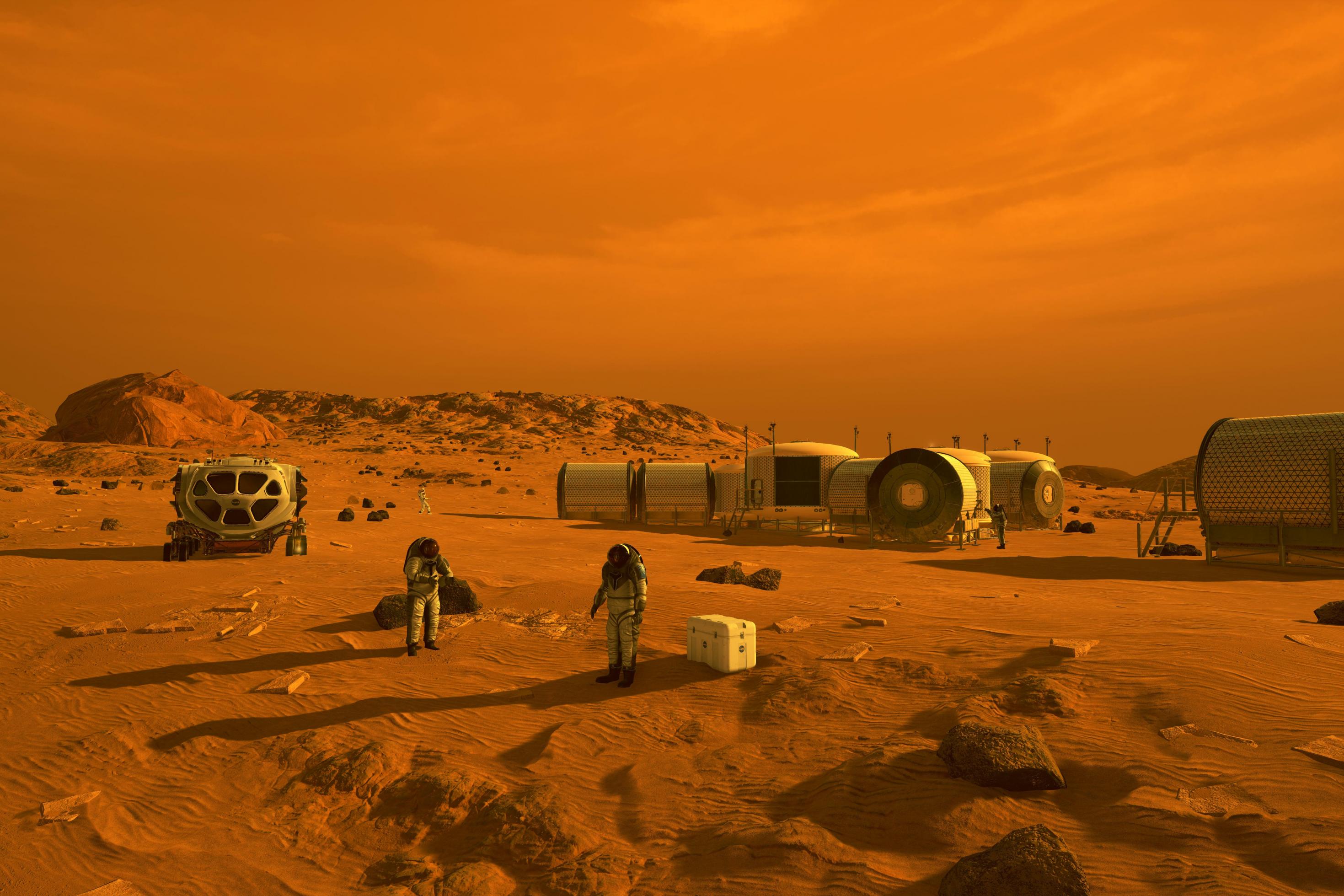 Auf dieser künstleriscehn Darstellung sind Menschen im Astronautenanzug und ein Habitate auf dem Mars zu sehen. Das gesamte Bild ist in rot-braunen Tönen gehalten.