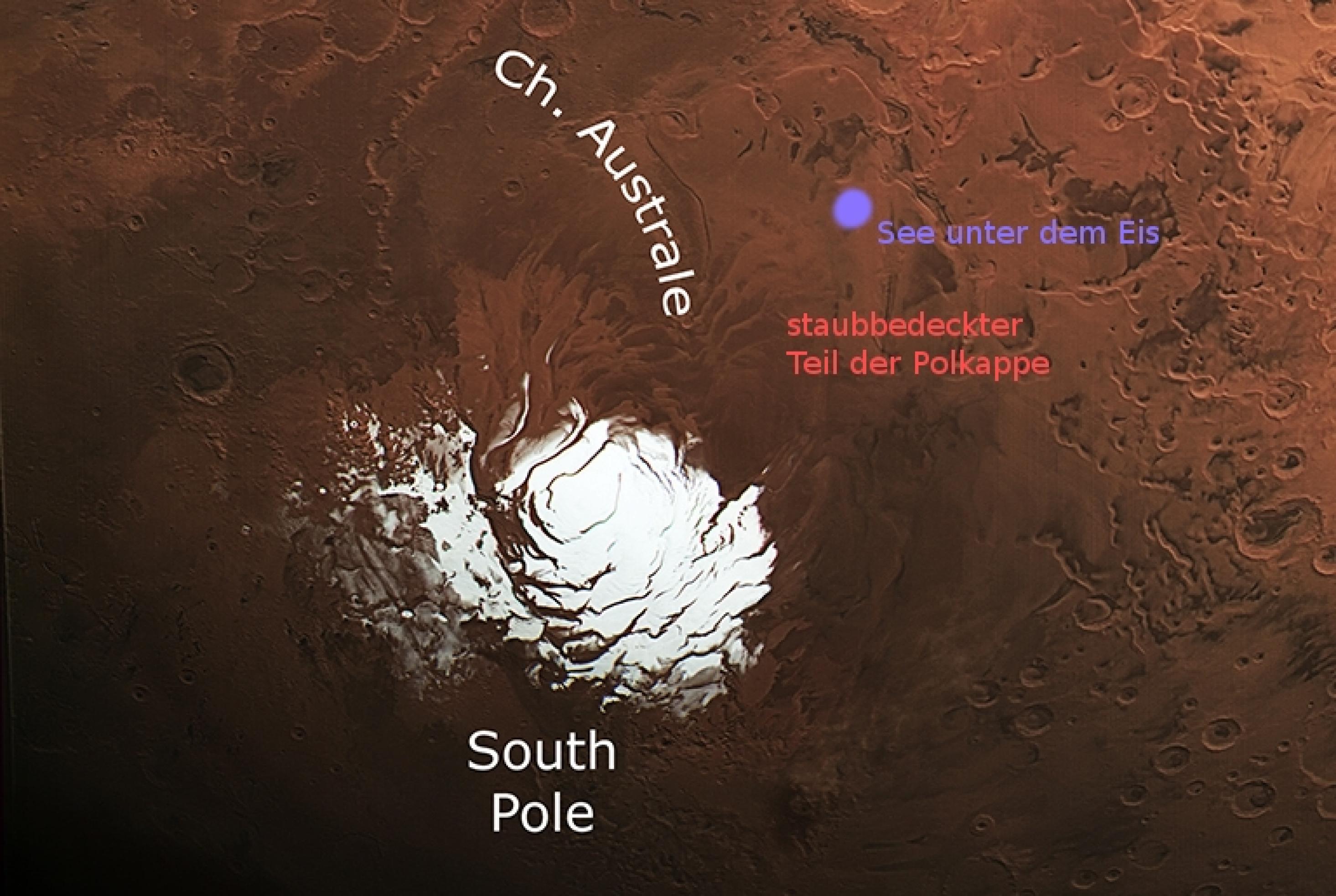 Südpolkappe des Mars, mit markierter Postion des jetzt entdeckten Sees unter dem Eis