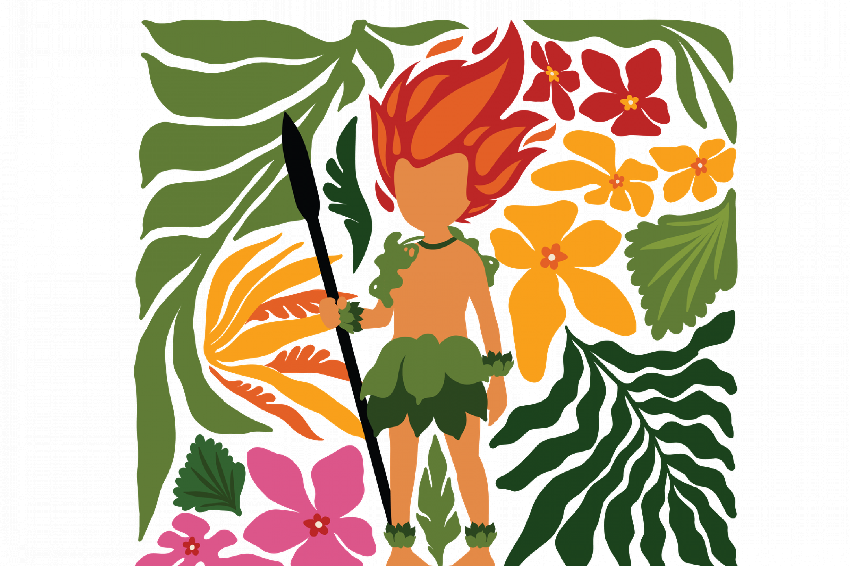 Ein kleiner Troll mit Lanze und feuerrotem Haarschopf vor abstrakten Blättern und Blüten