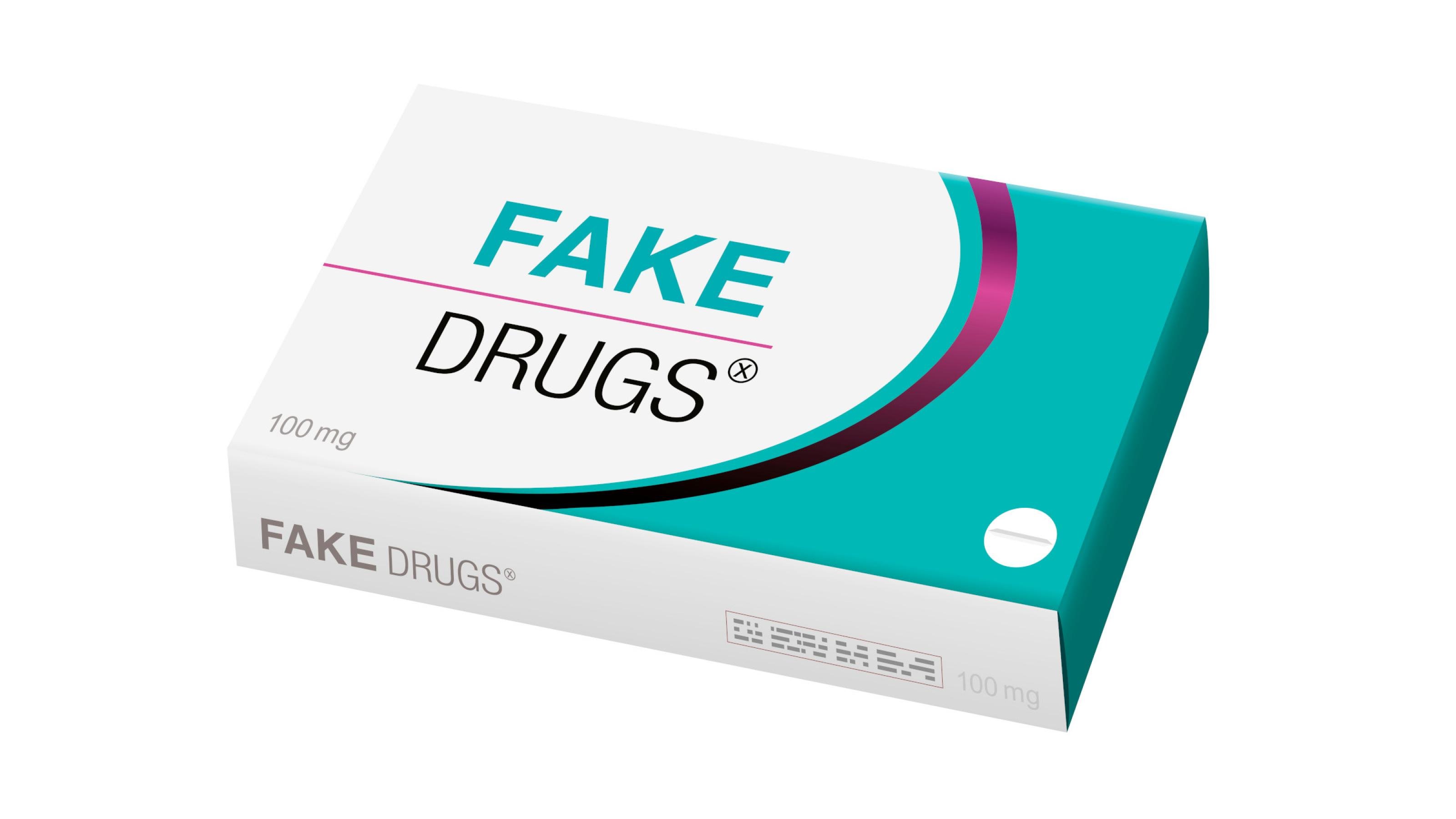 Eine weiße Medikamentenverpackung mit lila- und türkisfarbenem Muster und der Aufschrift „Fake Drugs“.
