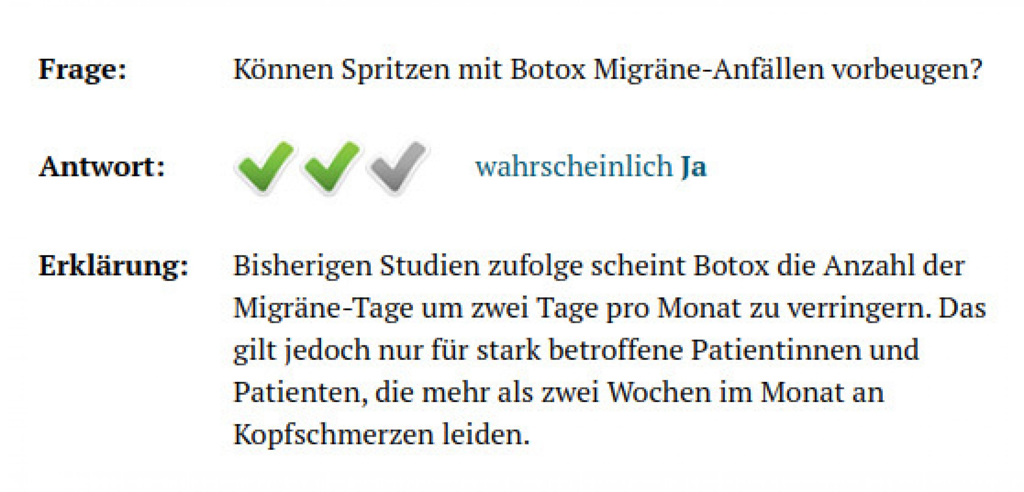 Screenshot der Plattform medizin-transparent: Bewertung des Migränemittels Botox
