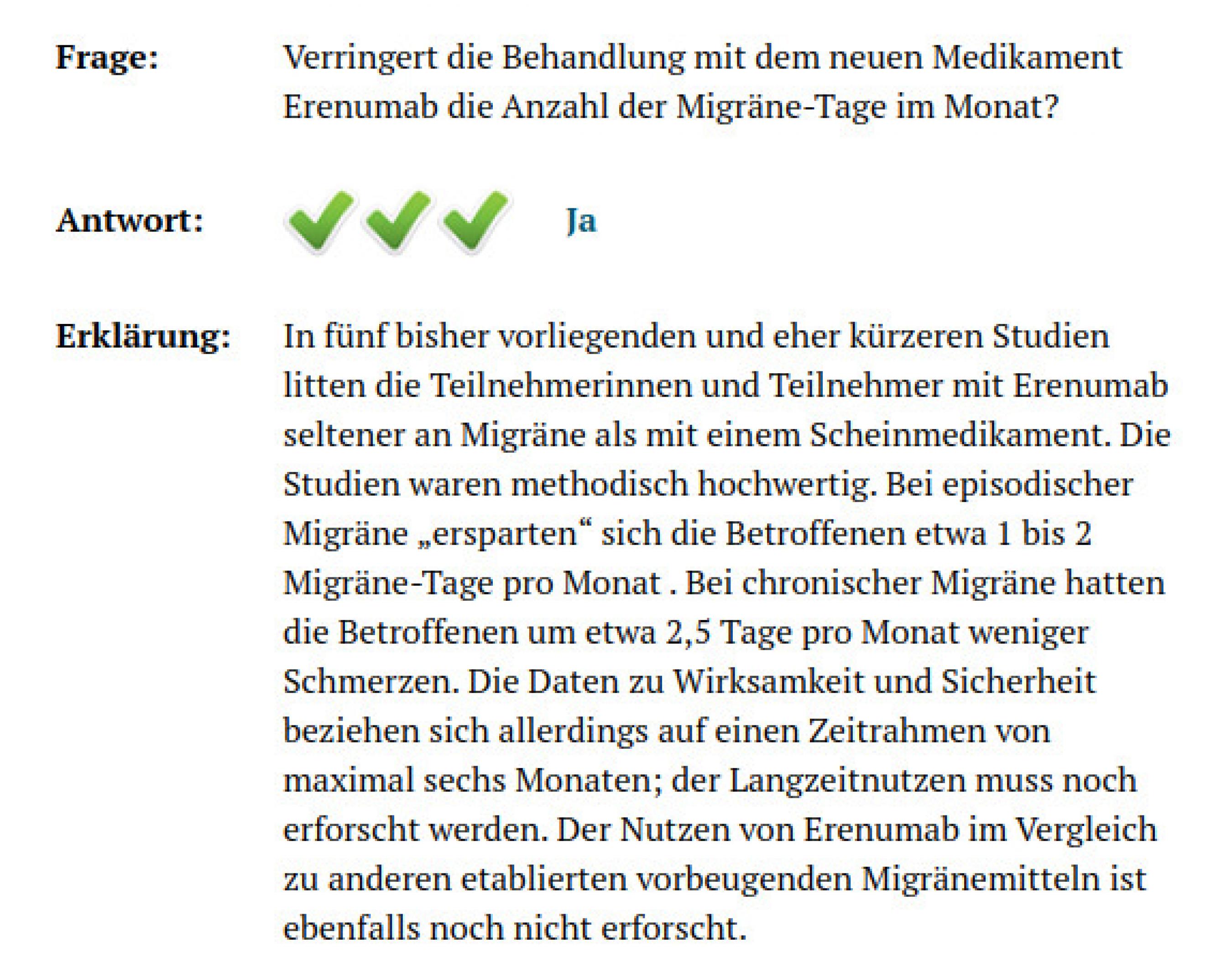 Screenshot der Plattform medizin-transparent mit einer Bewertung des Migränemittels Erenumab