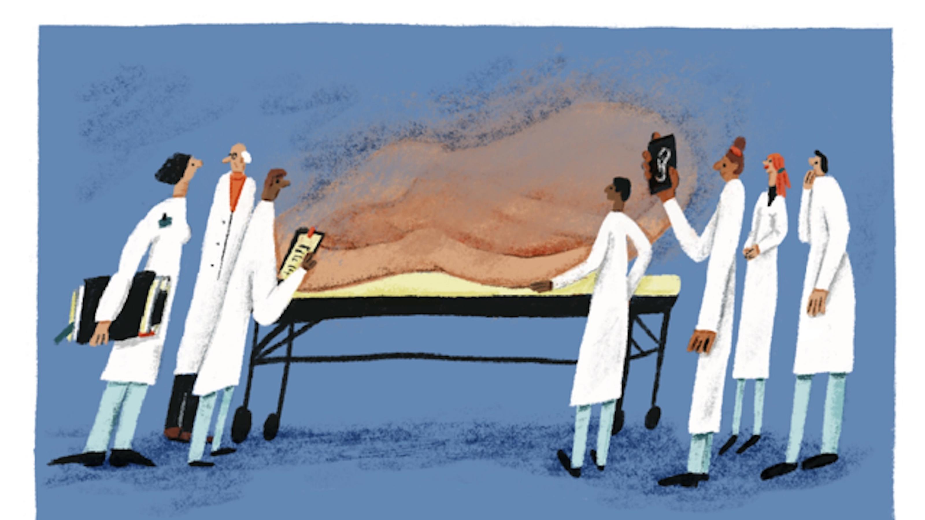 Zeichnung: Mehrere Ärzte und Ärztinnen stehen mit rätselndem Blick um ein Krankenbett herum, auf dem leicht verschwommen ein riesiges Ohr liegt.