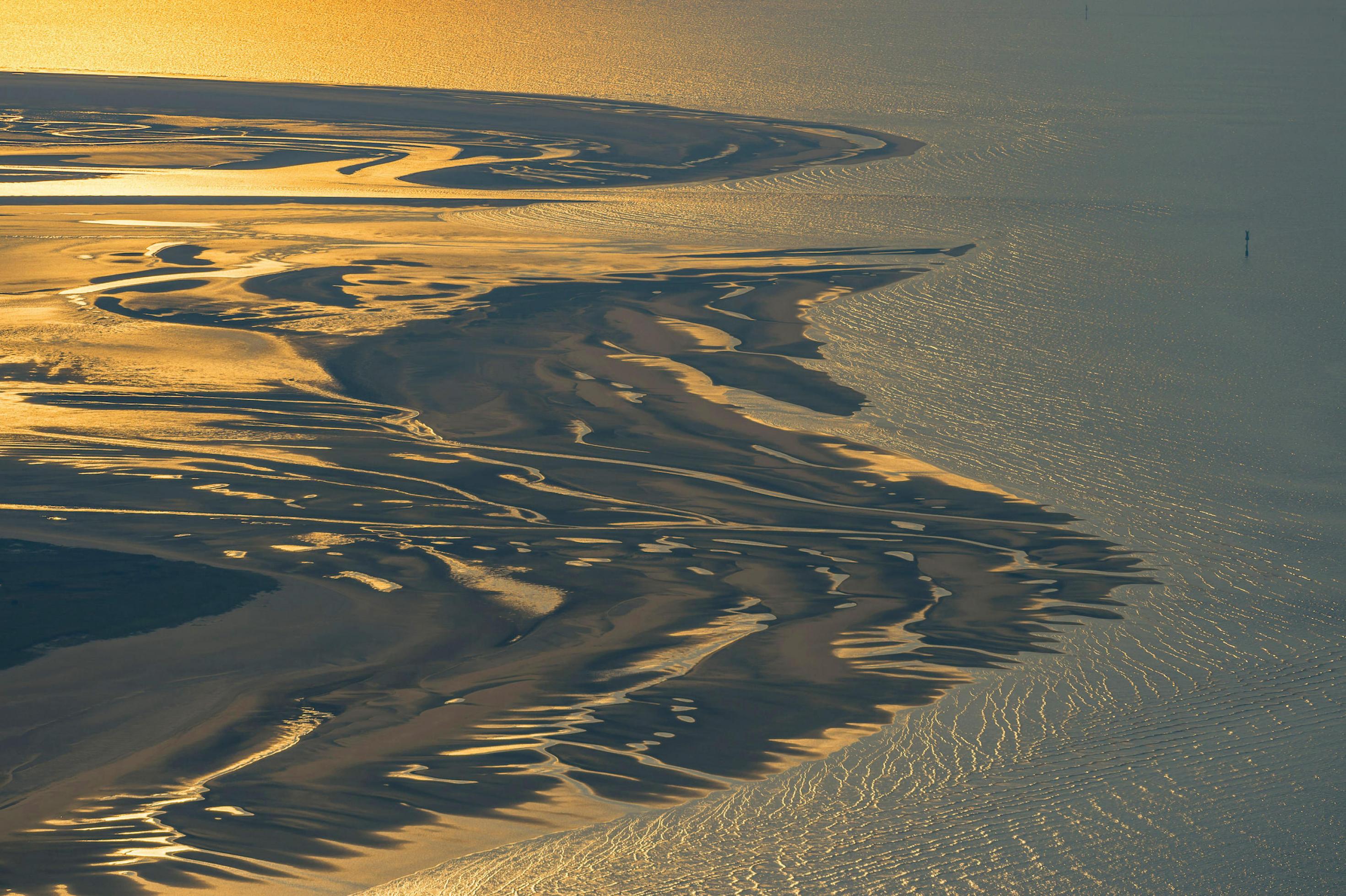 Meer und Watt begegnen sich im goldenen Licht der Abendsonne.