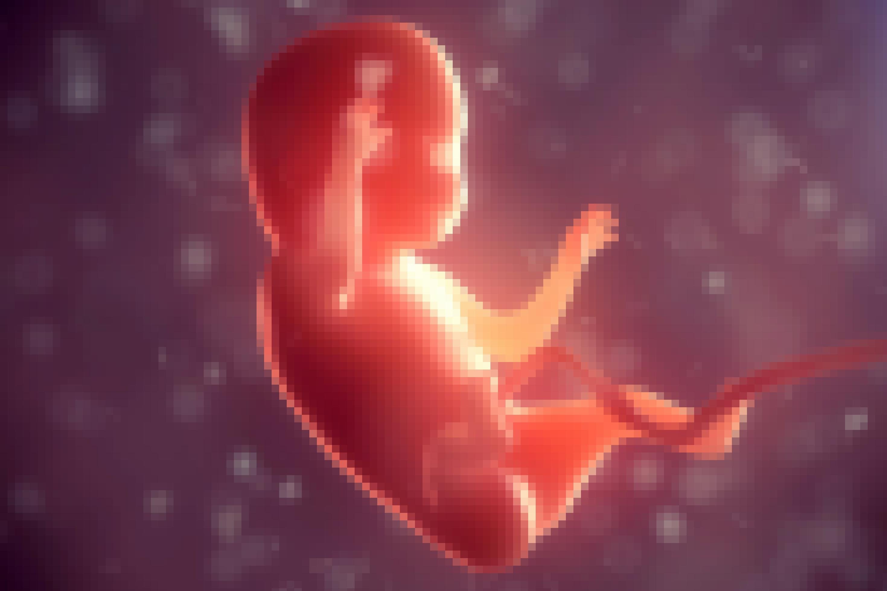 Die dreidimensionale Illustration zeigt einen menschlichen Körper in rötlichen Farben, der von rechts angestrahlt wird und vor einem lilafarbenen Hintergrund mit weißlichen, unscharfen Einsprengseln schwebt. Der Embryo hat gut ausgebildete Arme und Beine mit Händen und Füßen, einen runden Kopf, auf dem Augen, Mund und Nase noch nicht ausgebildet, sondern nur angedeutet sind, und vom Bauch aus zieht sich eine Nabelschnur zum rechten Bildrand.