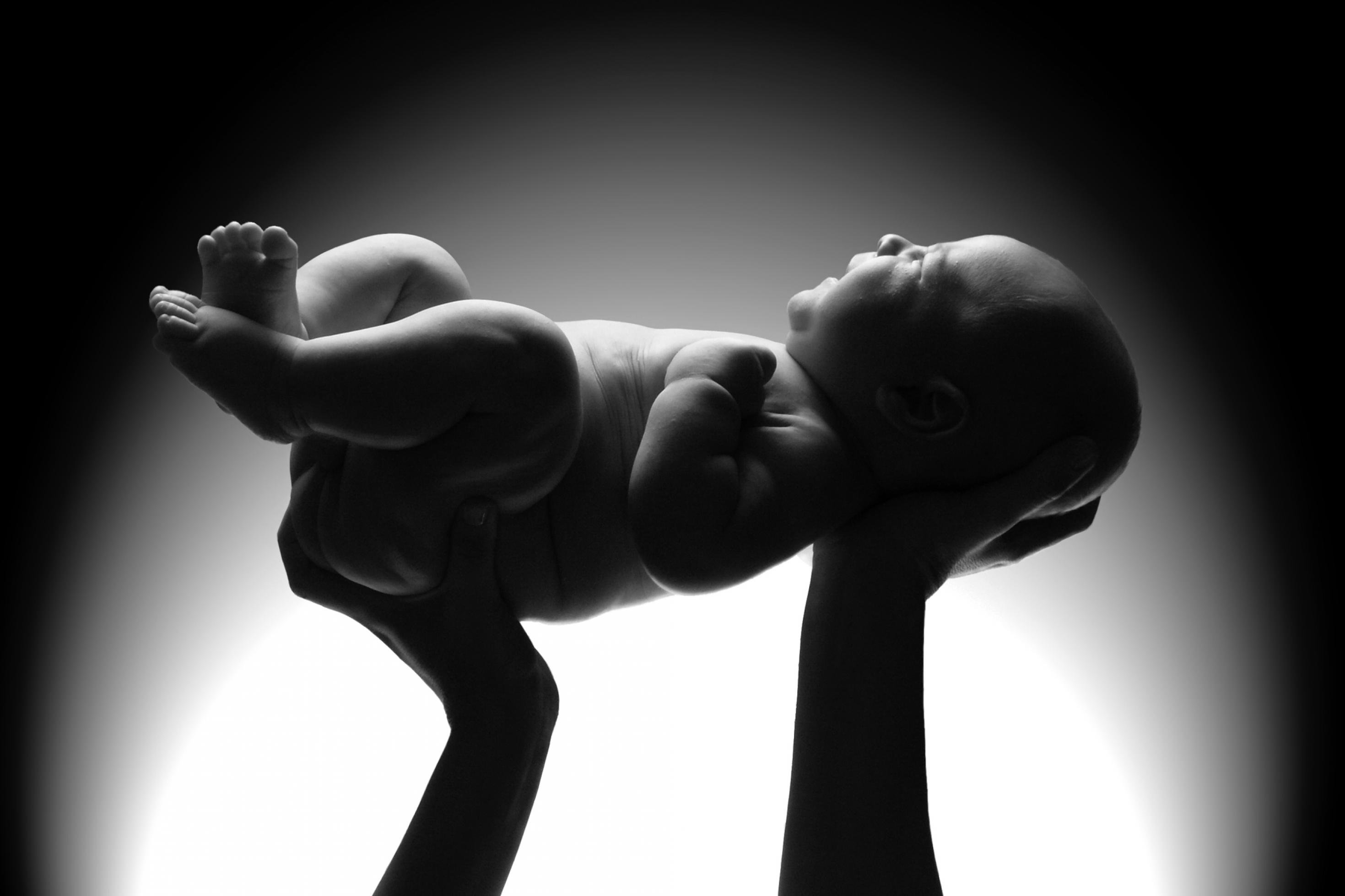 Das Schwarzweiß-Foto zeigt die von oben angeleuchtete Silhouette eines Neugeborenen, das von zwei aufragenden Armen und Händen vor einem hellen Hintergrund hochgehalten wird.