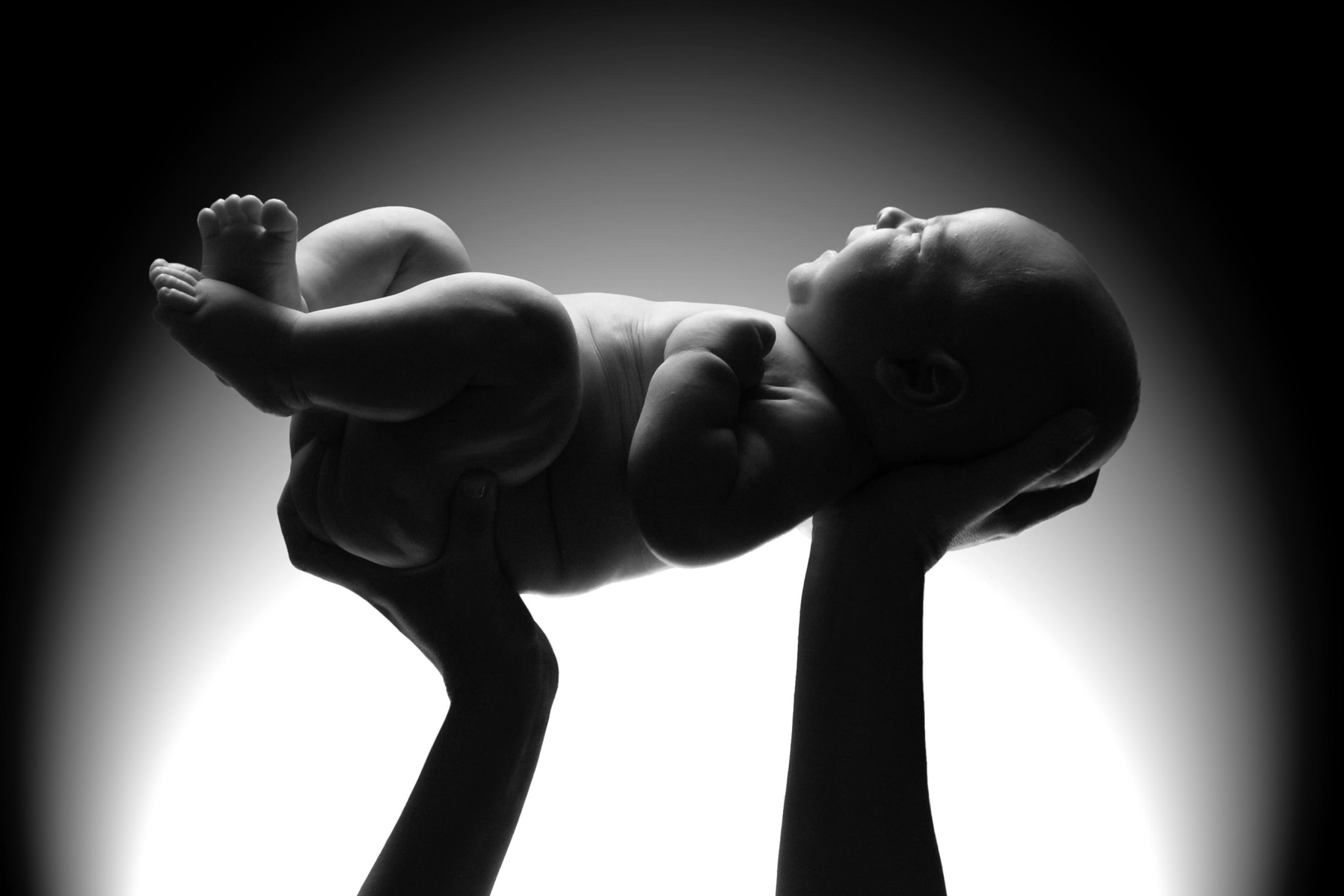 Das Schwarzweiß-Foto zeigt die von oben angeleuchtete Silhouette eines Neugeborenen, das von zwei aufragenden Armen und Händen vor einem hellen Hintergrund hochgehalten wird.
