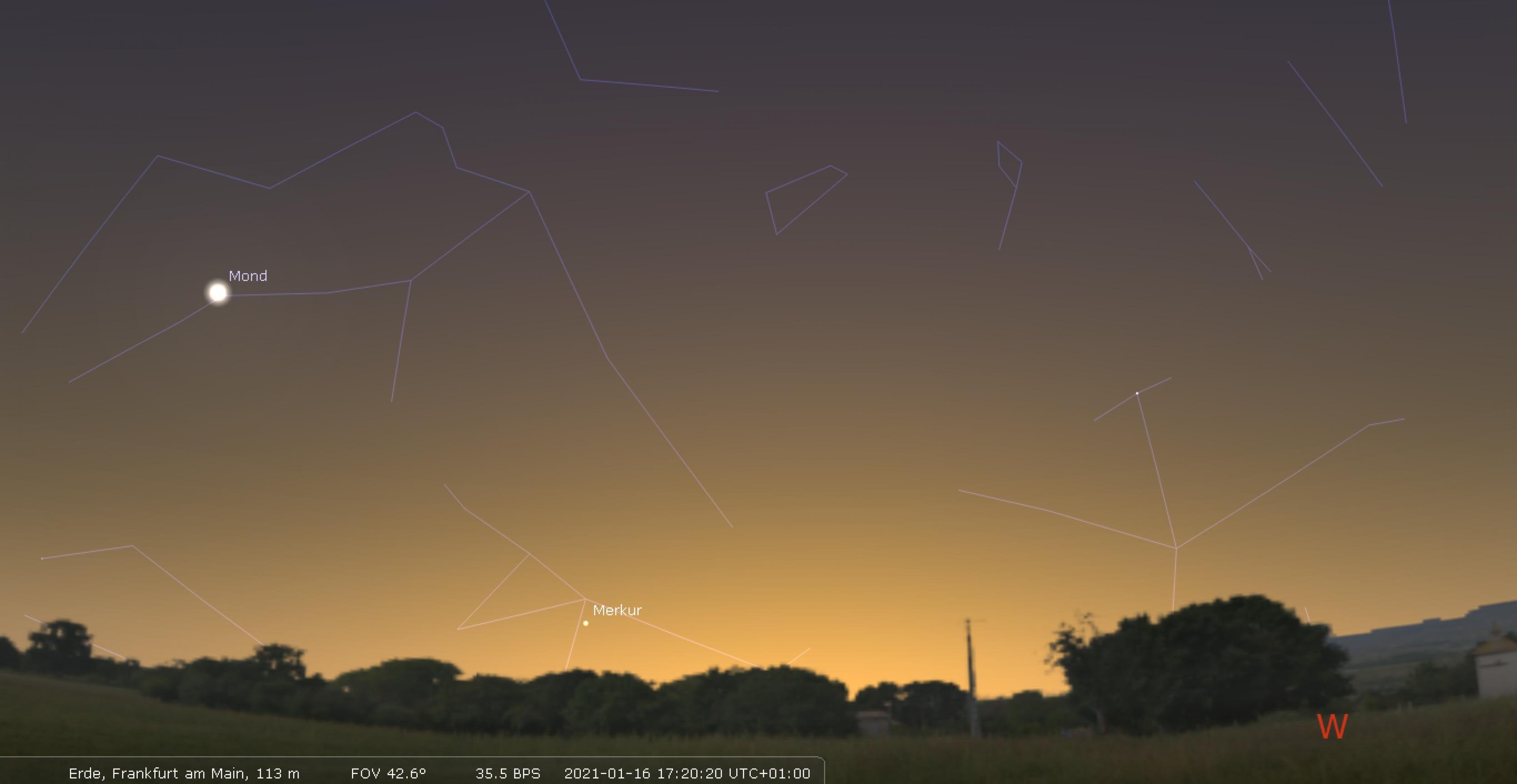 Die Position von Merkur über dem Südwesthorizont am 16. Januar 2021 um 17:20 Uhr für den Standort Frankfurt am Main.