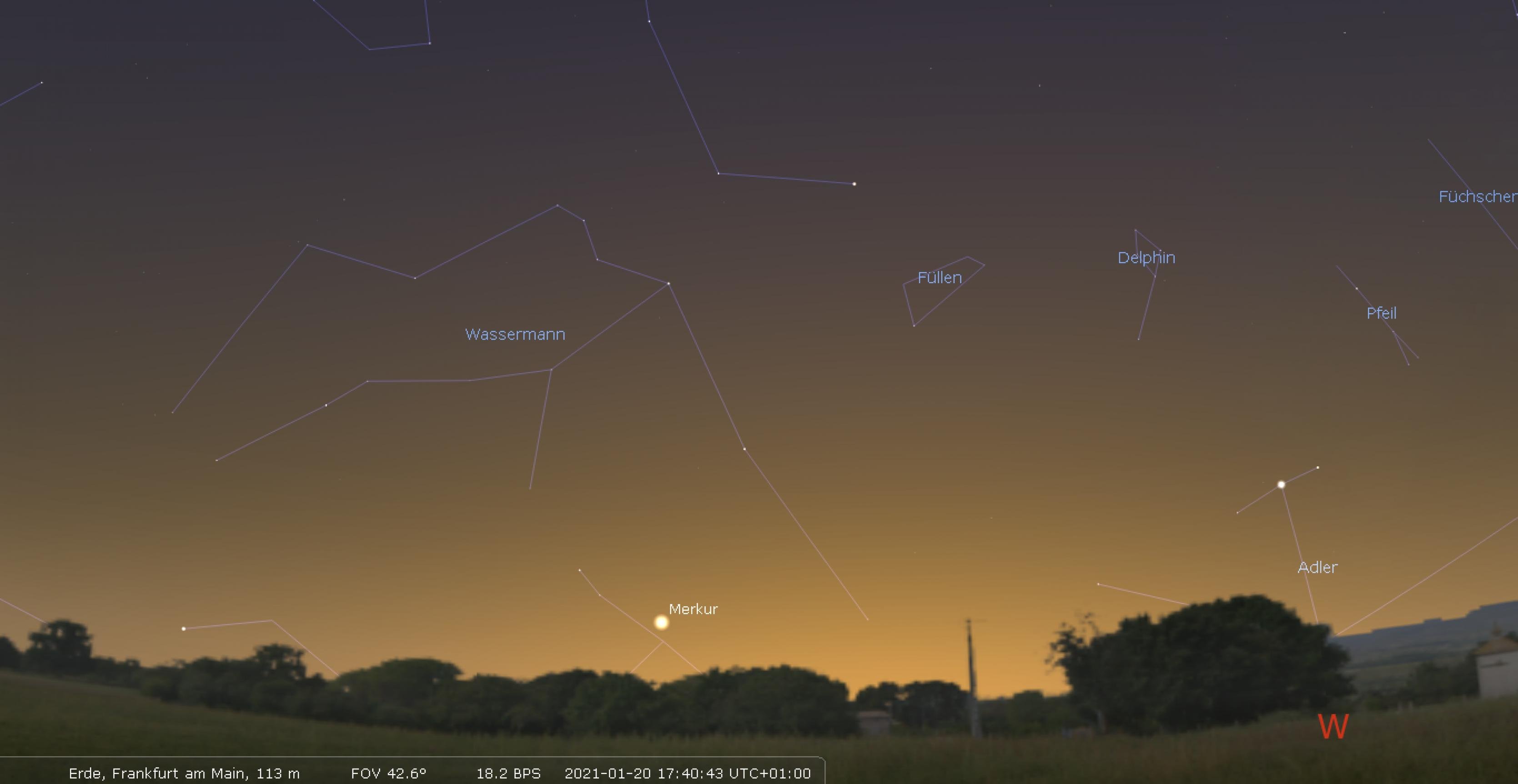 Die Position von Merkur über dem Südwesthorizont für den 20. Januar um 17:40 Uhr bei Frankfurt am Main.
