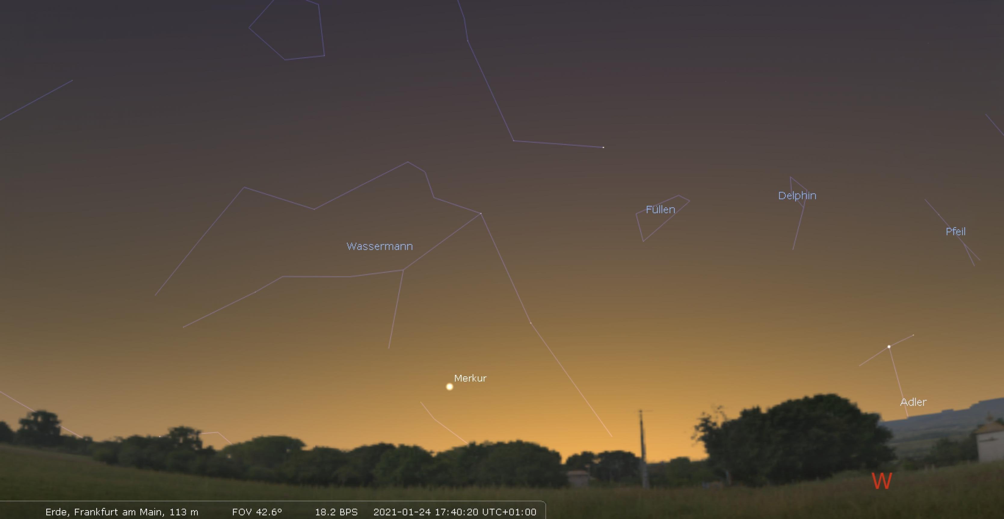 Position von Merkur am 24. Januar 2021 über dem Südwesthorizont für den Standort Frankfurt am Main.