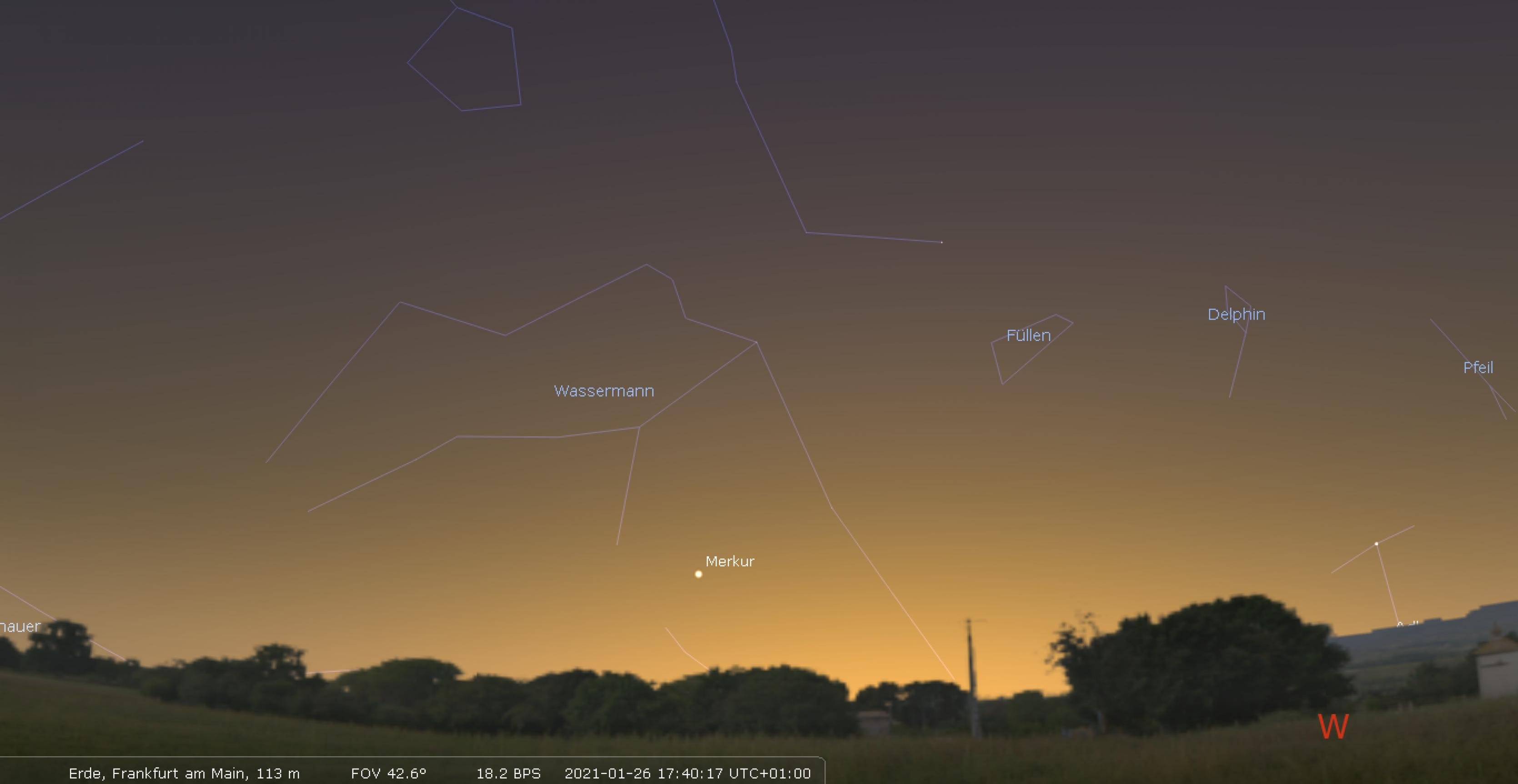 Die Position von Merkur am 26. Januar 2021 über dem Südwesthorizont für den Standort Frankfurt am Main.