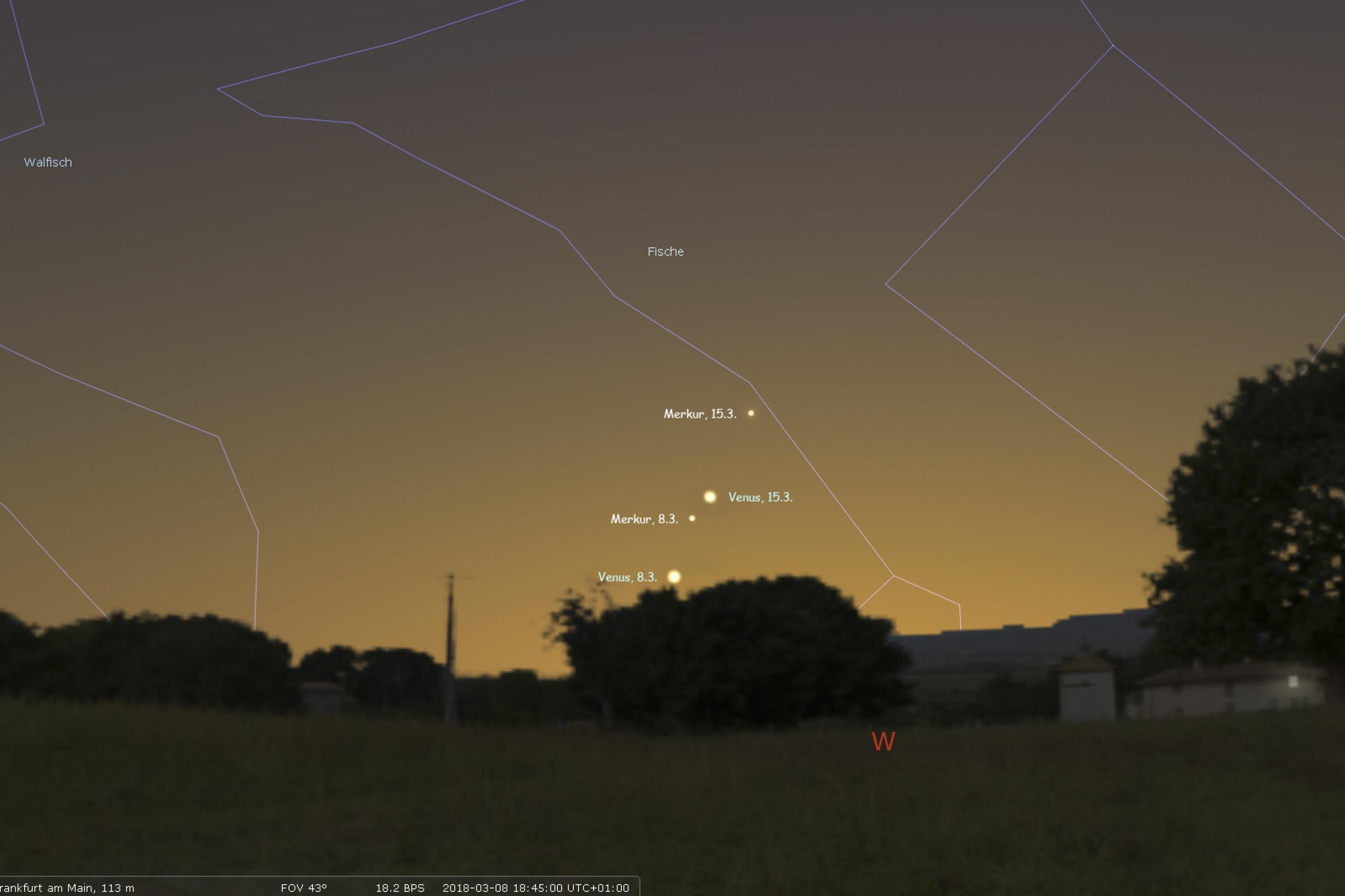 Der scheue Planet Merkur und die helle Venus am Abendhimmel im März 2018.