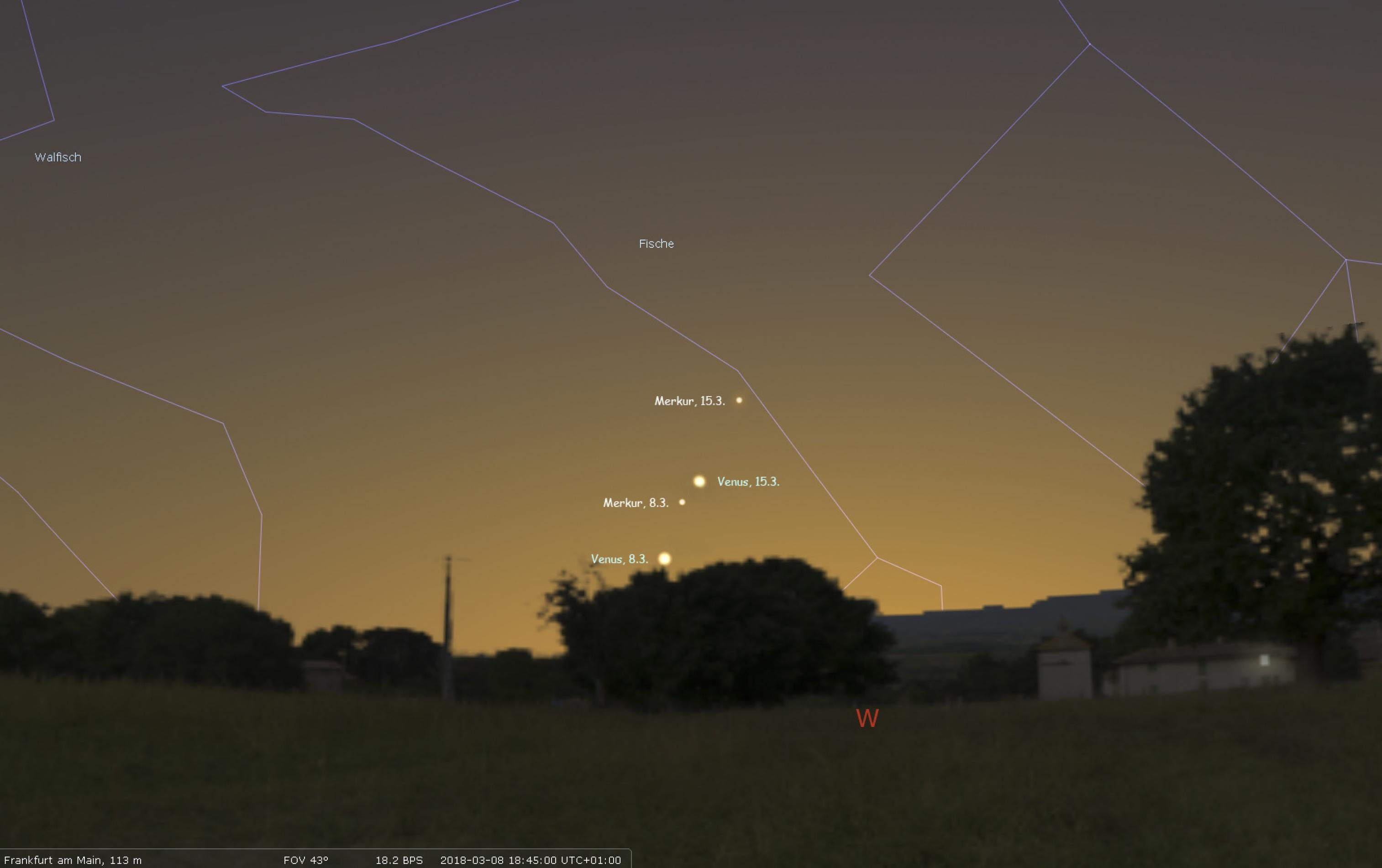 Der scheue Planet Merkur und die helle Venus am Abendhimmel im März 2018.