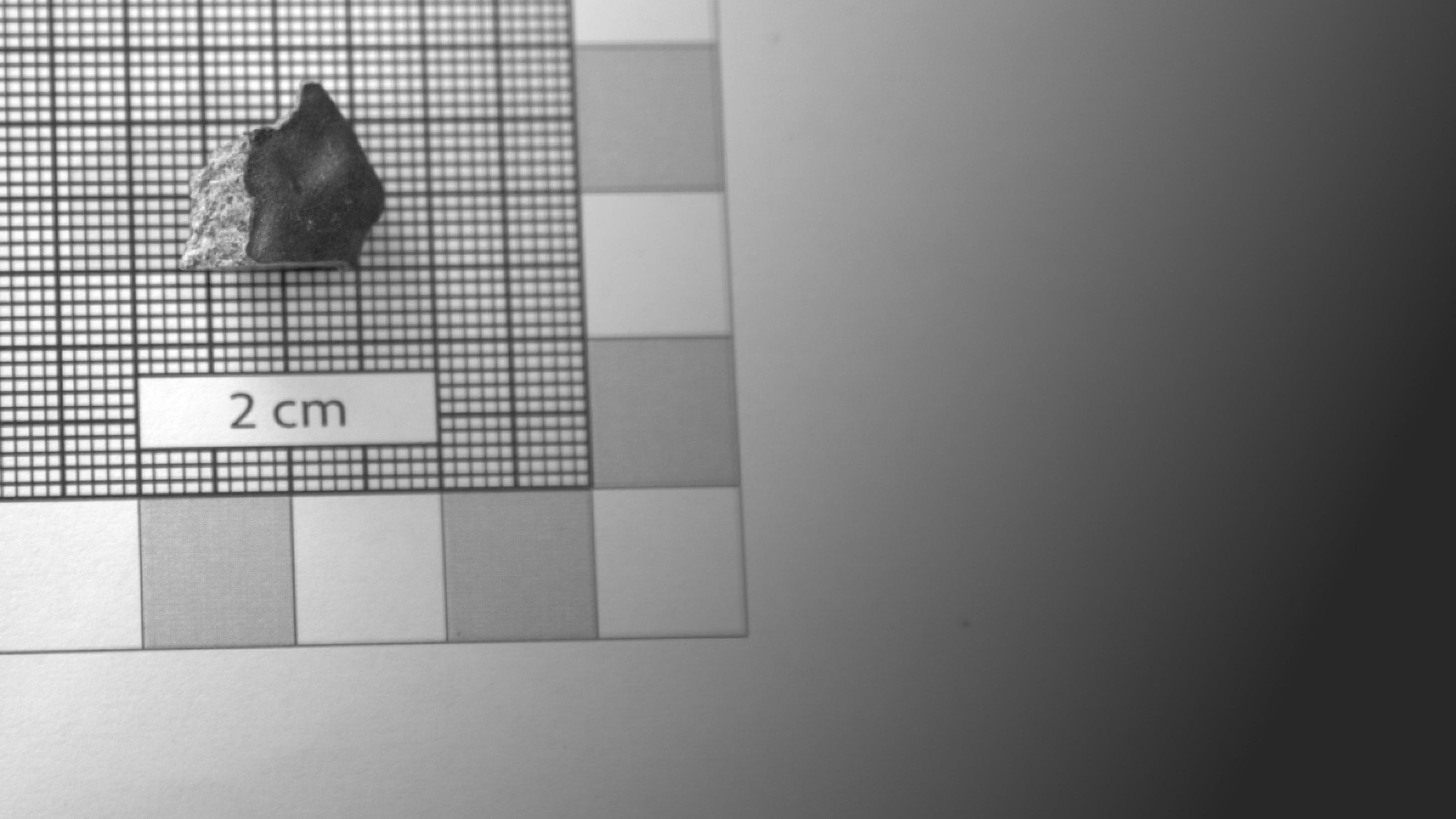 Ein Bröckchen eines Meteoriten liegt auf einer Blatt Papier.