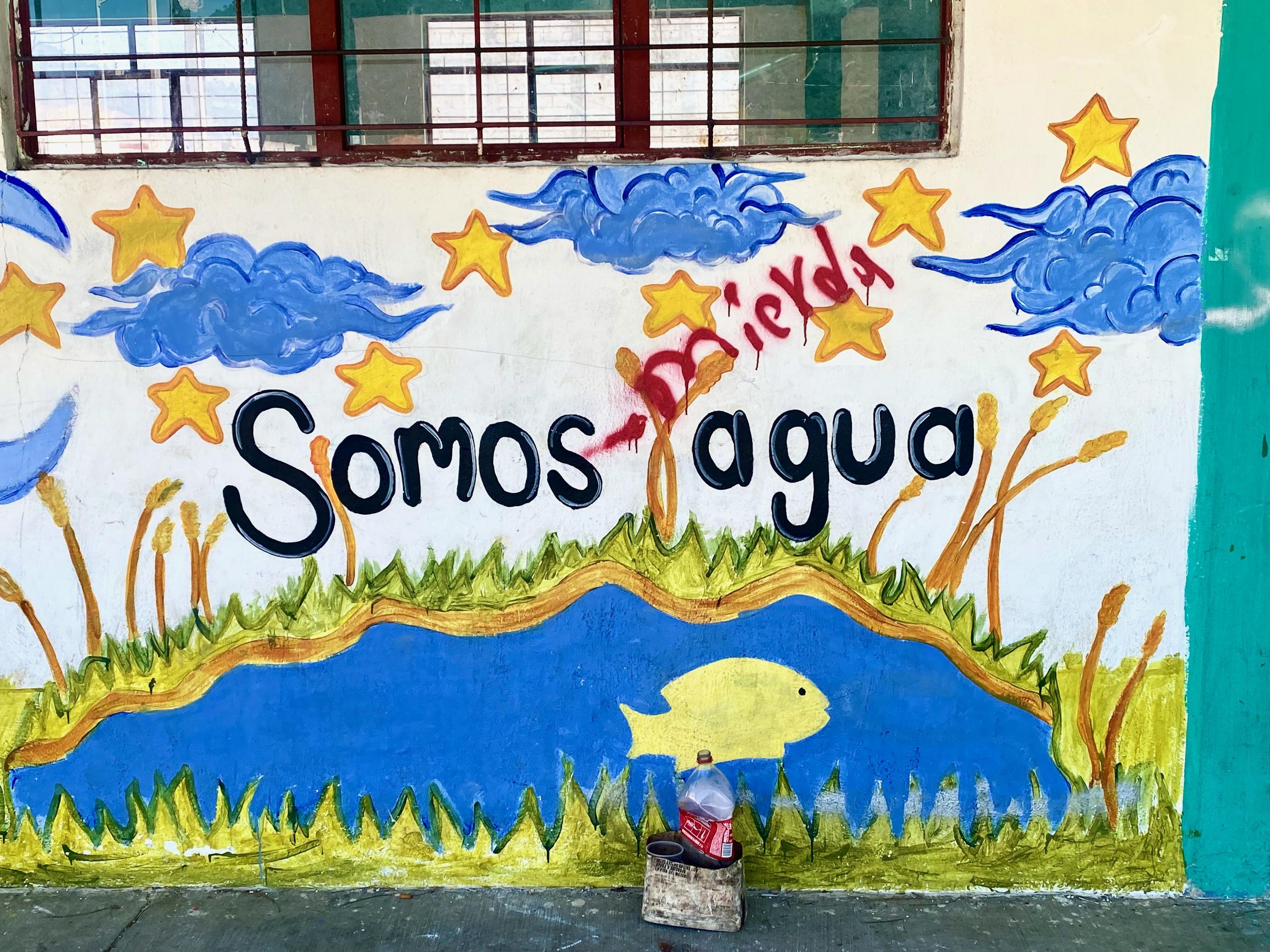 Wandmalerei in der Kolonie 5 de Marzo zeigt die Aufschrift: Somos Agua, zu deutsch: Wir sind Wasser. Darunter steht eine zerknautschte Coca-Cola-Flasche