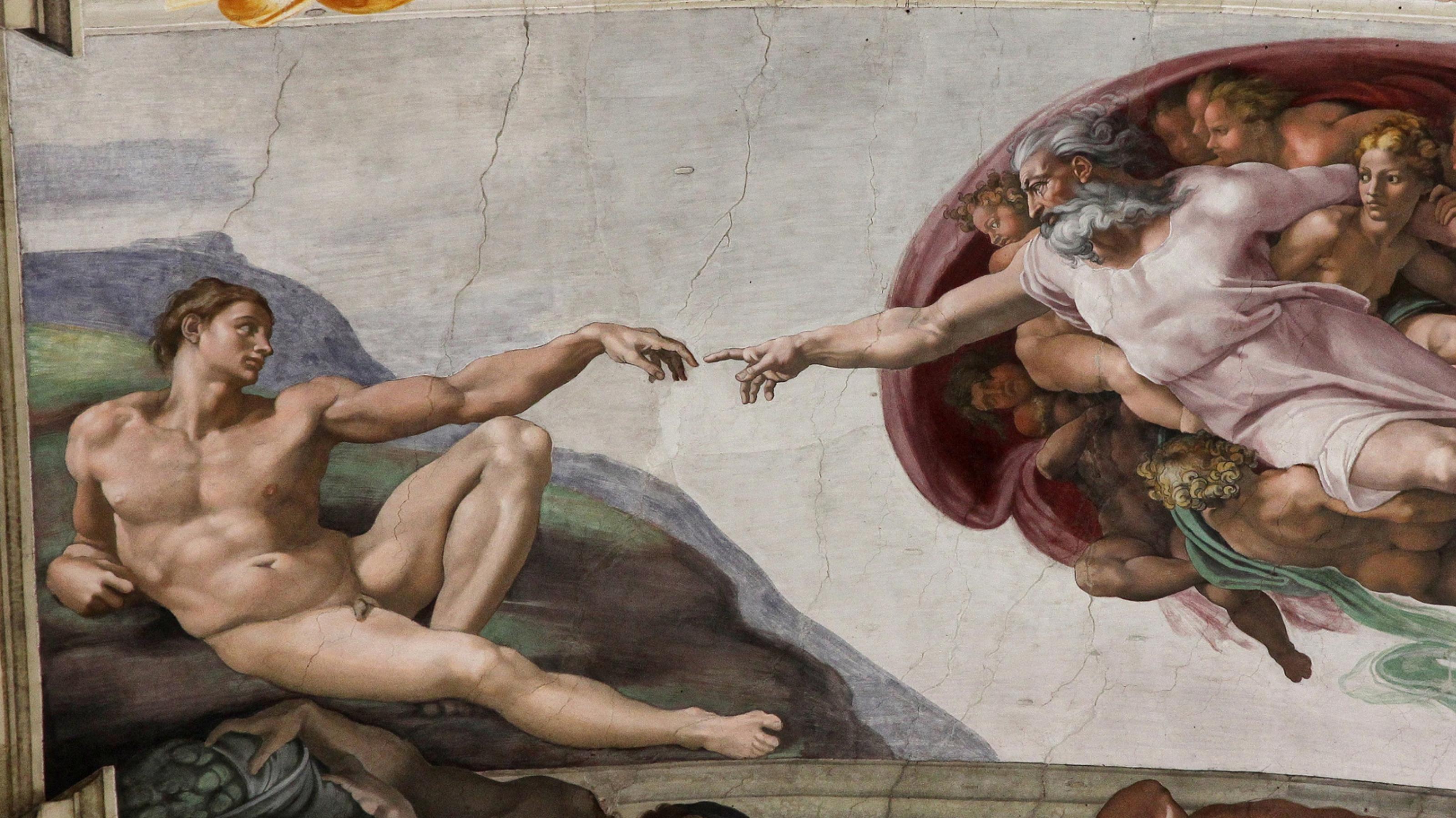 Das Bild zeigt auf der linken Seite den nackten Adam. Lässig liegend, ein Knie angewinkelt und den linken Arm Richtung Bildmitte ausgestreckt. Auf der rechten Seite oben schwebt Gottvater in weißem Gewand, umgeben von kindlichen Engeln, und streckt seinen rechten Arm ich Richtung Adam aus, bis sich beider Zeigefinger fasst berühren. So stellte sich Michelangelo in seinem berühmten Gemälde in der Sixtinischen Kapelle in Rom vor, wie Gott Adam zum Leben erweckte.