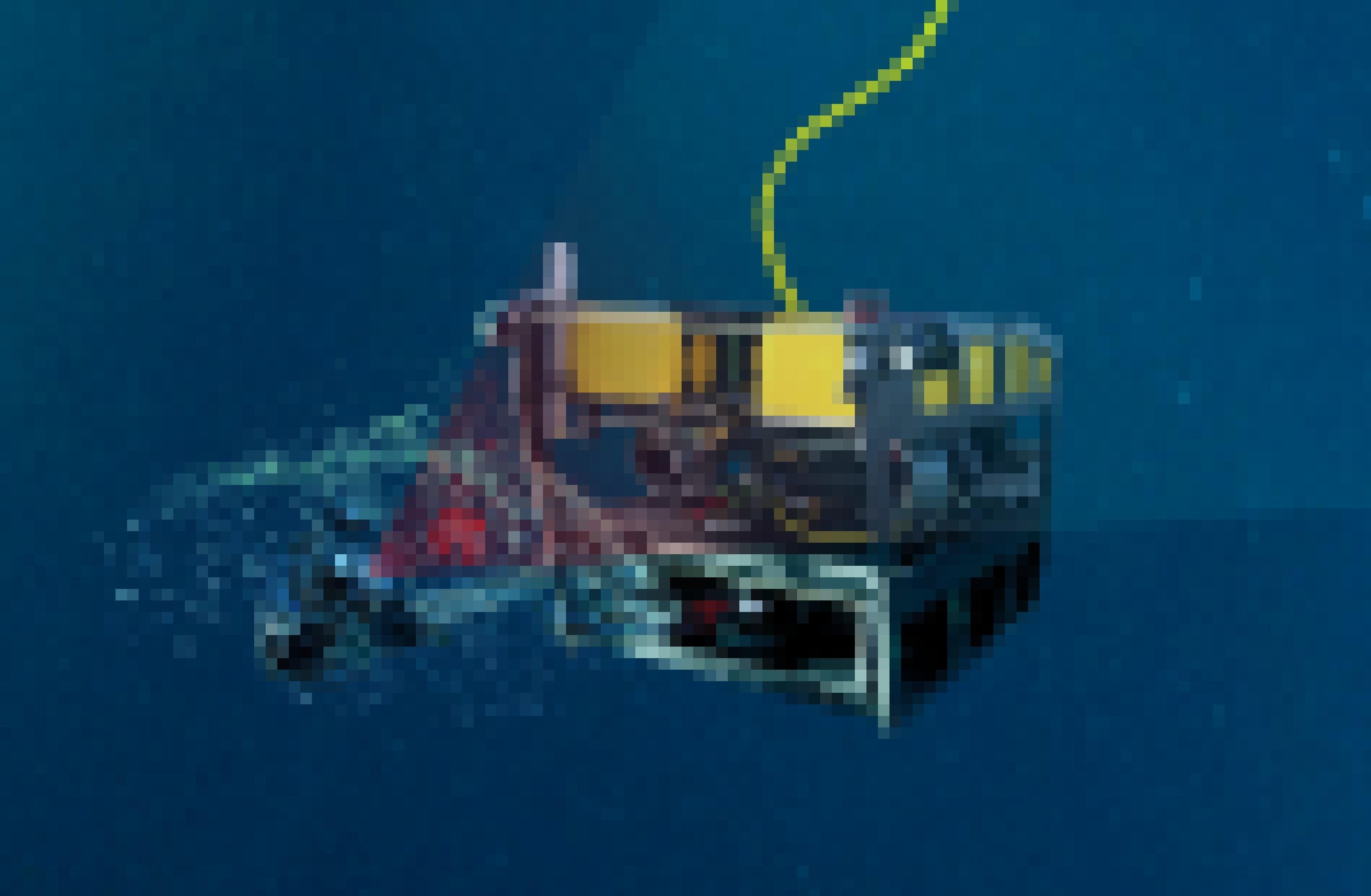 Diese Illustration zeigt MBARIs MiniROV, der ein DeepPIV-System trägtl. Es beleuchtet ein inneres Schleimhaus rot, das vom deutlich größeren zweiten Schleimhaus umgeben ist.