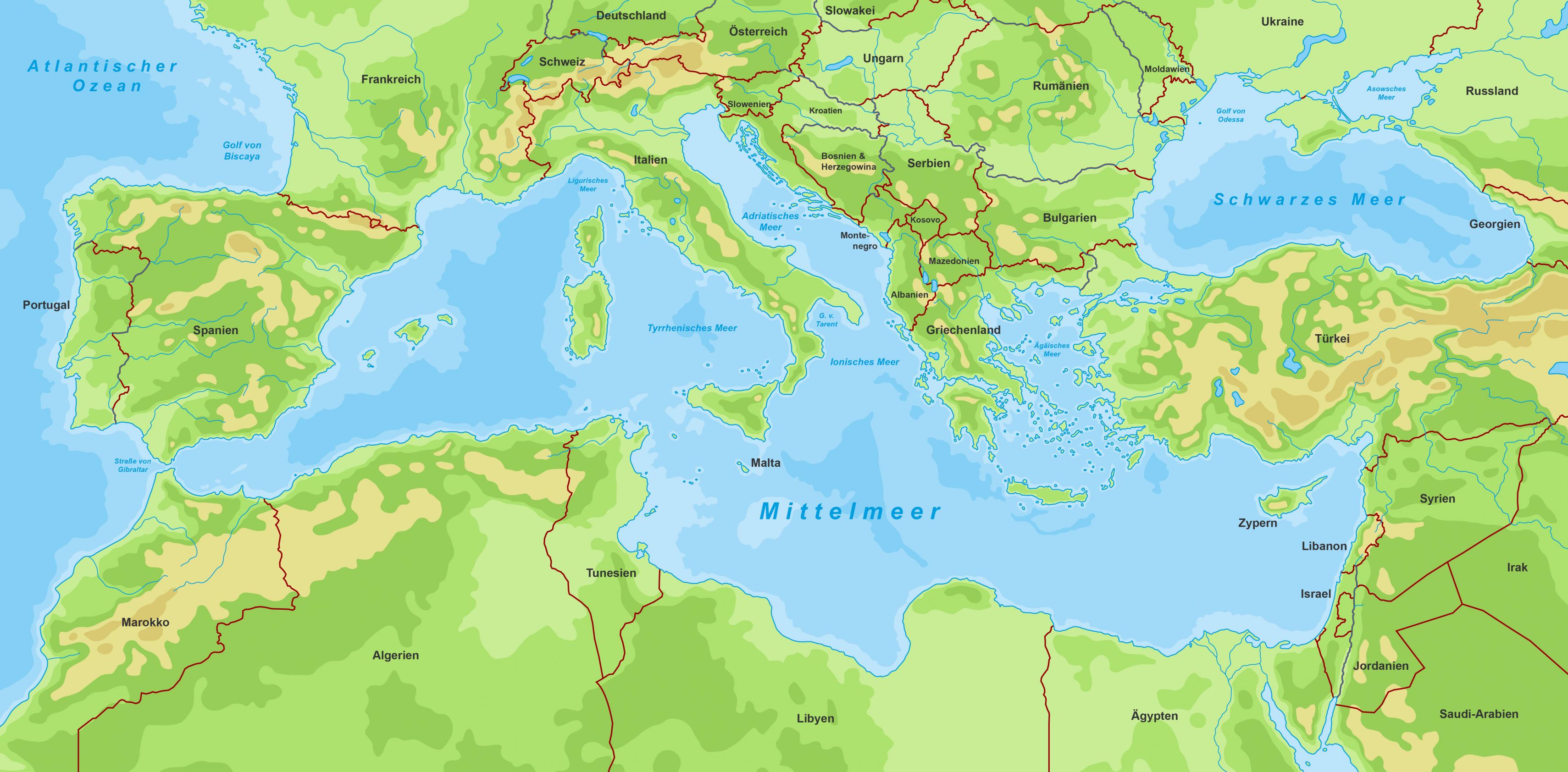 Karte der Mittelmeerregion, in der alle angrenzenden Länder verzeichnet sowie die physikalischen Höhen und Tiefen in unterschiedlichen Farben angedeutet sind.