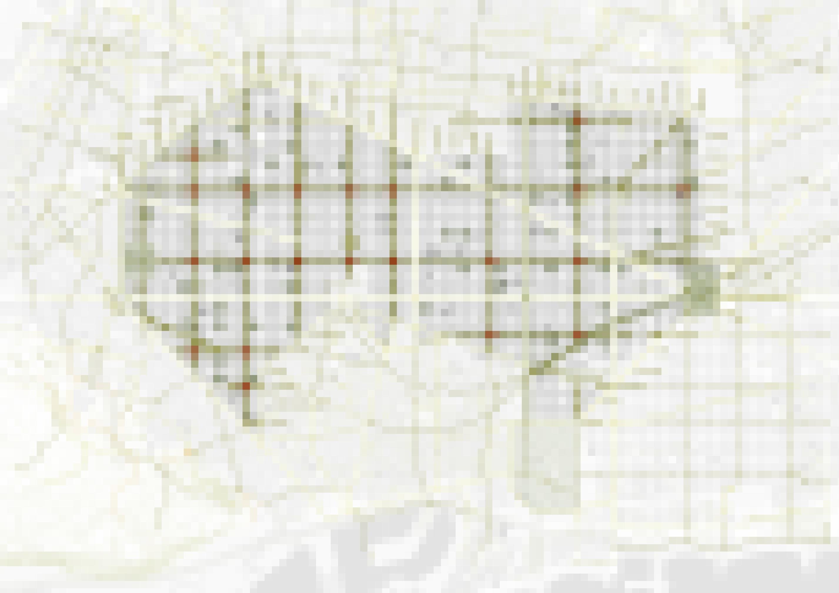 Ein Ausschnitt aus dem Stadtplan von Barcelona, mit dem geplanten System der grünen Achsen. Die 21 künftigen verkehrsberuhigten Straßen sind grün markiert. Wo sie sich kreuzen, markieren rote Punkte künftige Parks und Grünflächen.