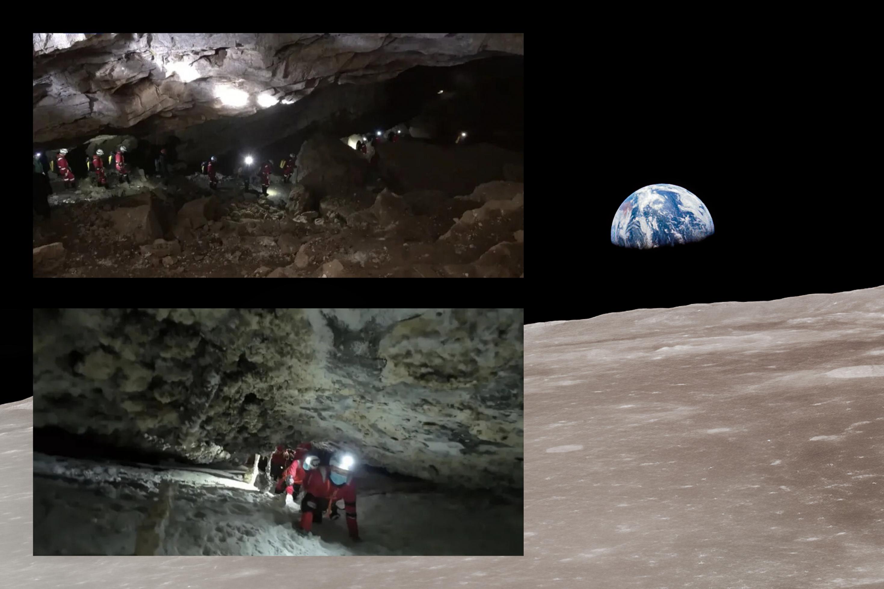 Weltraum-Collage: Im Hintergrund ist eine Aufnahme von der Mondoberfläche von der aus man die aufgehende Erde sieht. Links sind zwei Bilder von chinesischen Astronauten, die in einer Höhle trainieren.