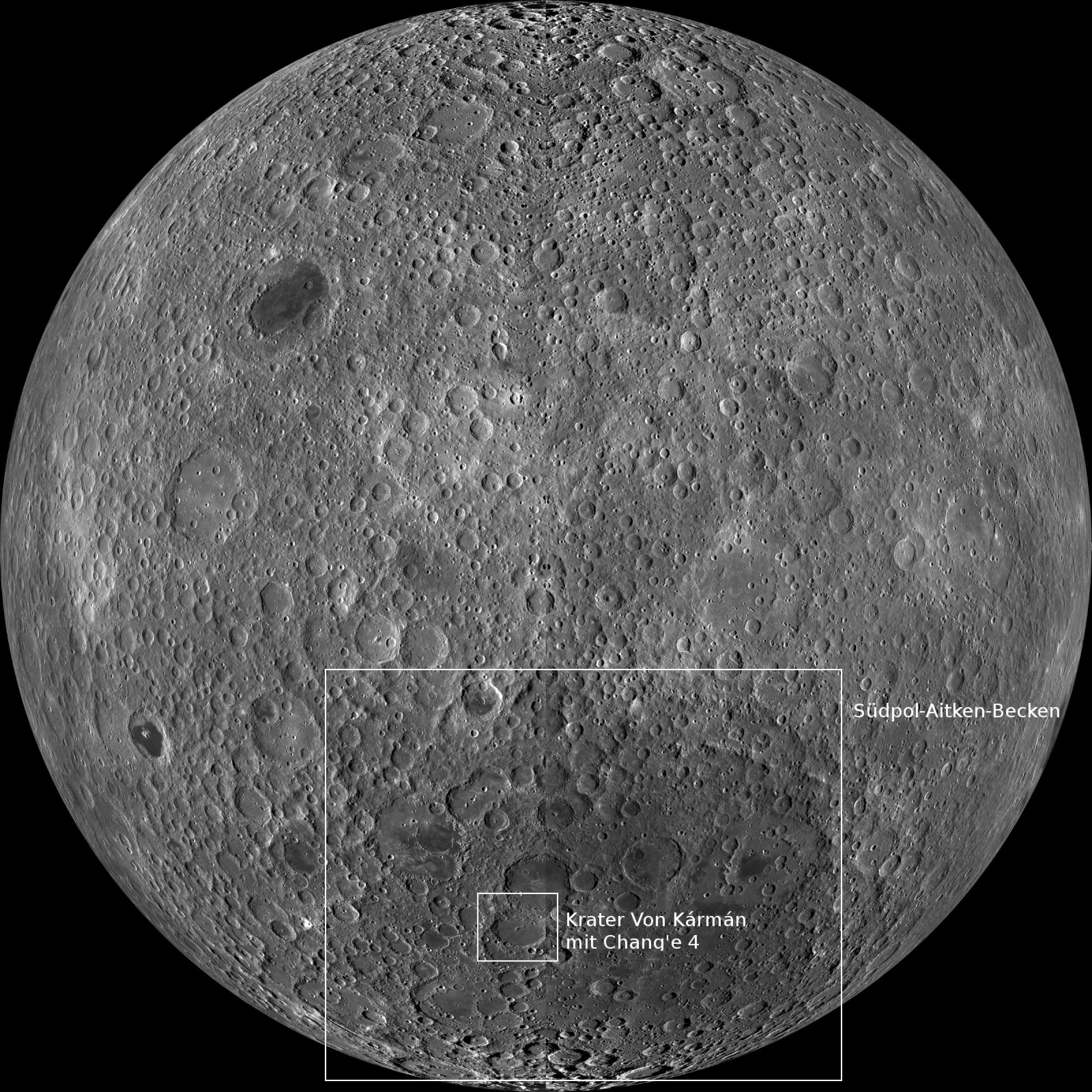 Auf der Mondrückseite liegt das Südpol-Aitken-Becken und darin der Krater Von Kármán
