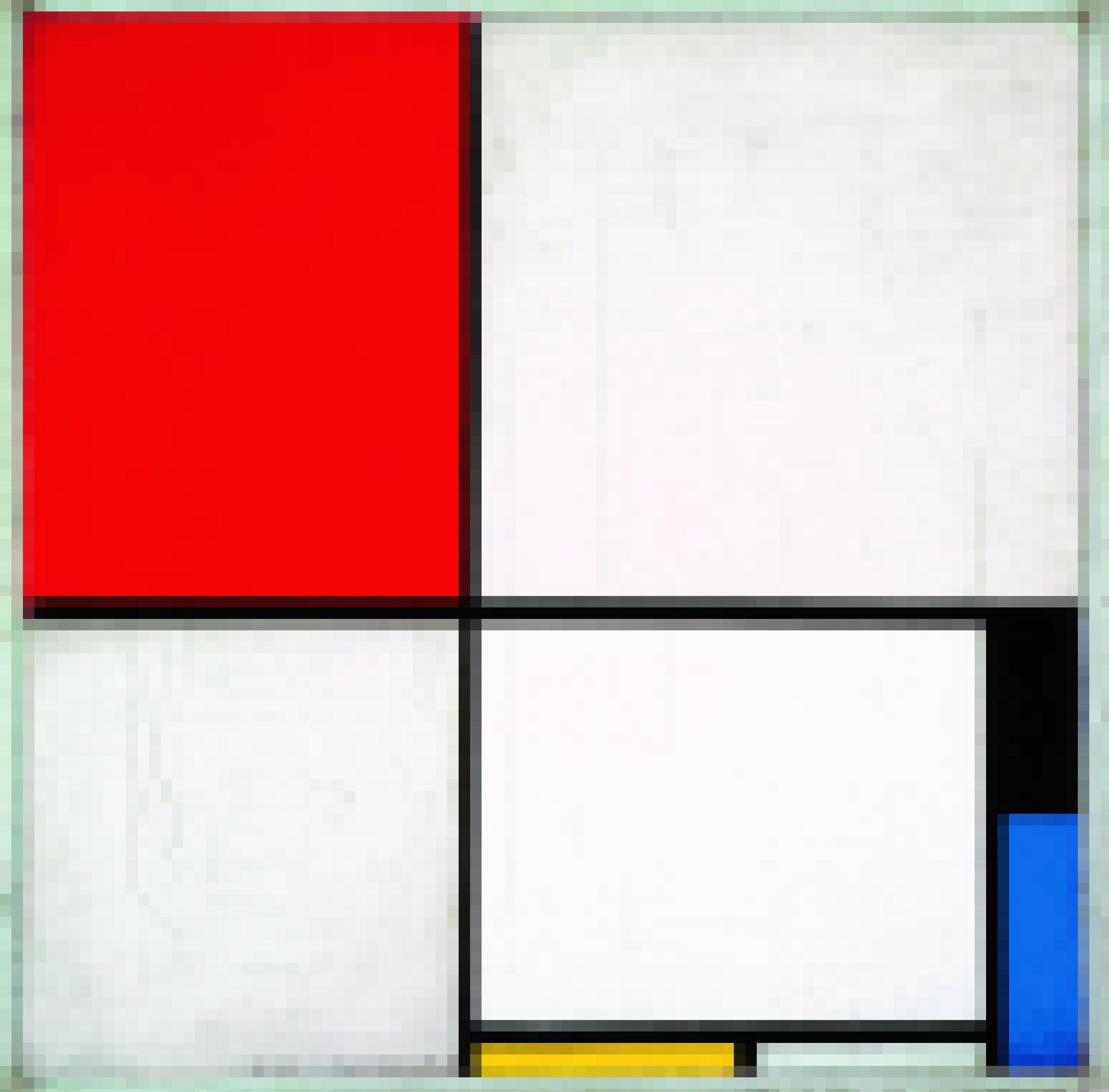 Ein Gemälde, das schwaze senkrechte und waagerechte Balken zeigt sowie drei Farbfelder in Gelb Rot und Blau.