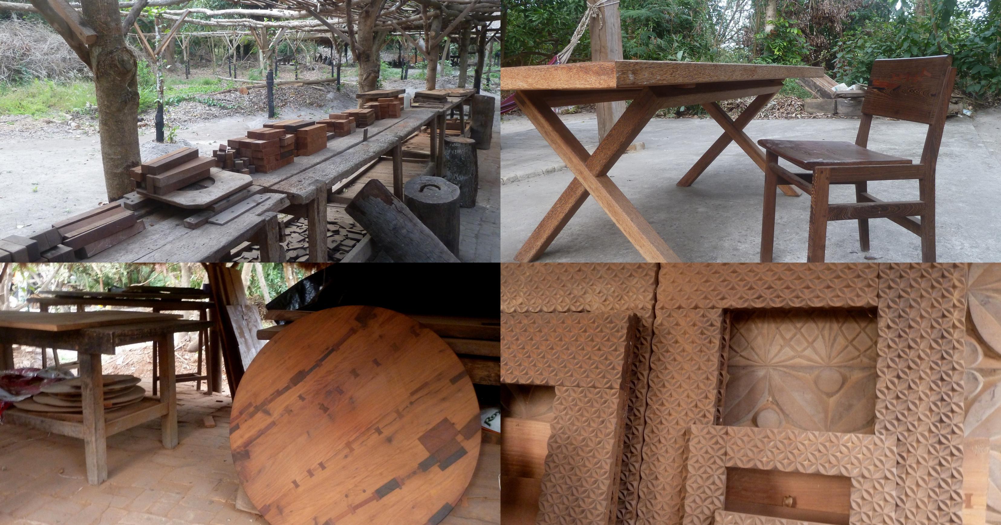 Mehrere Fotos aus Mezimbite – die Schreinerwerkstatt und Möbel, die in Mezimbite aus nachhaltiger Waldwirtschaft gefertigt wurden.