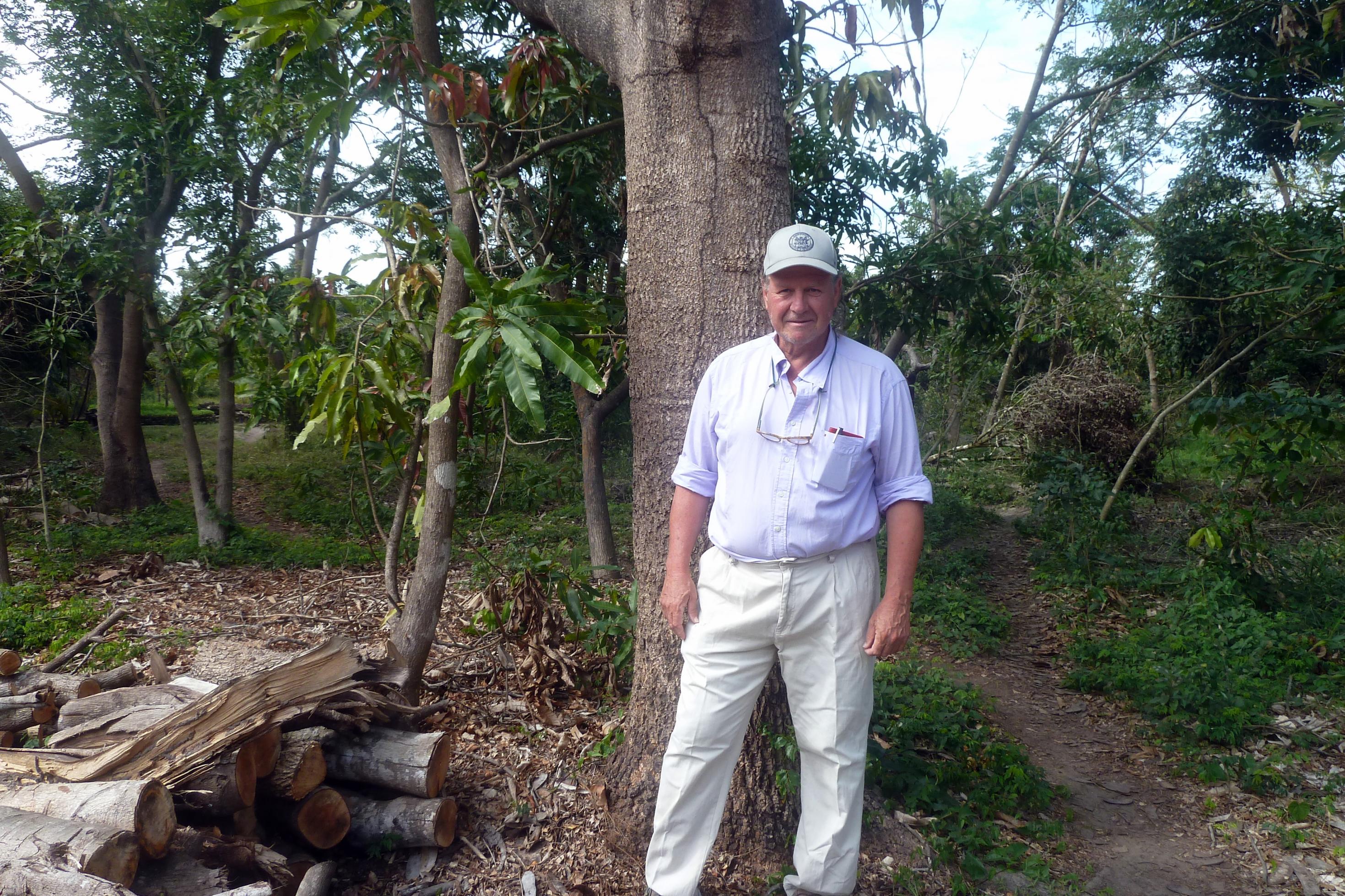 Allan Schwarz, Gründer des Mezimbite Forest Centre, steht vor einem seiner Bäume