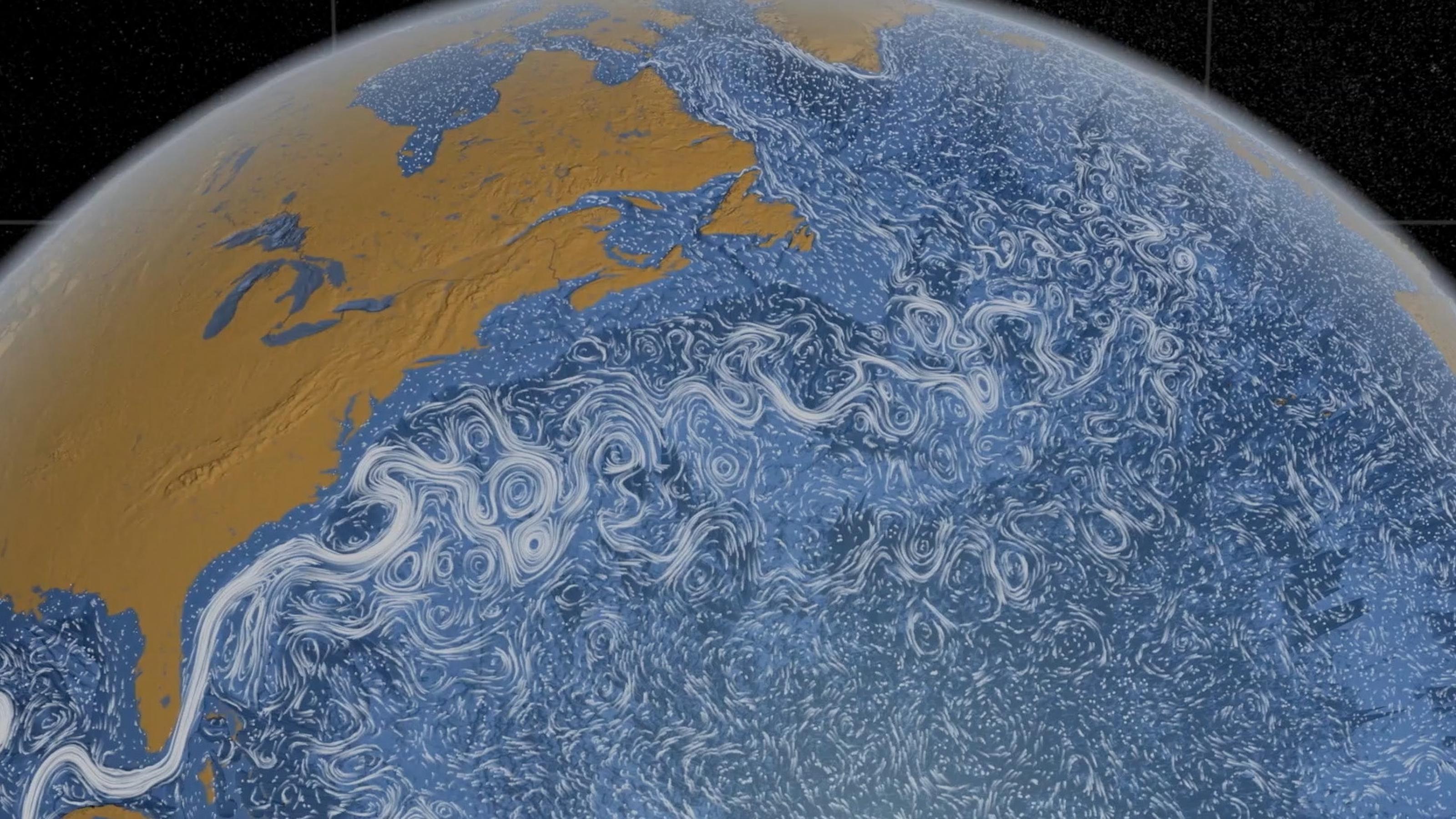 Darstellung der Erde auf der Meereströme eingezeichnet sind.