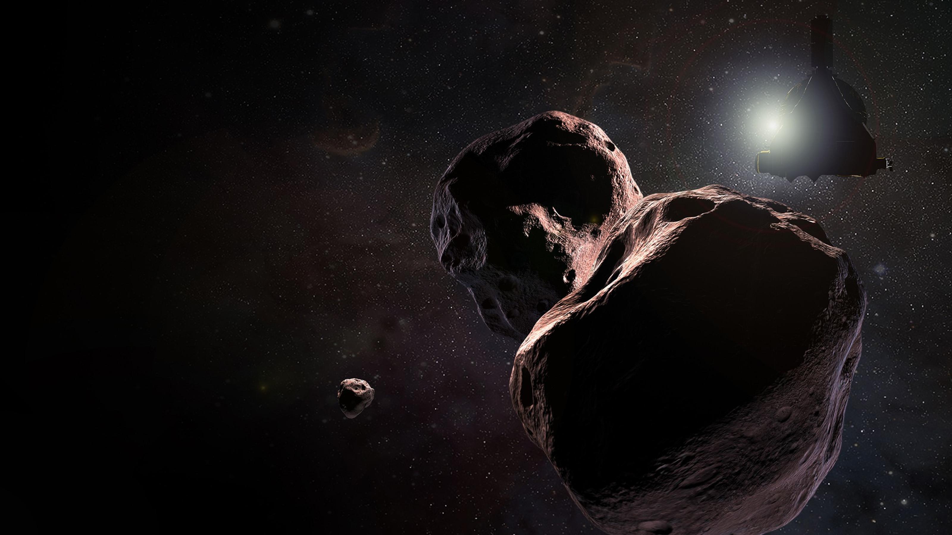 Eine Illustration der Raumsonde New Horizons, wie sie einen Asteroiden untersucht.