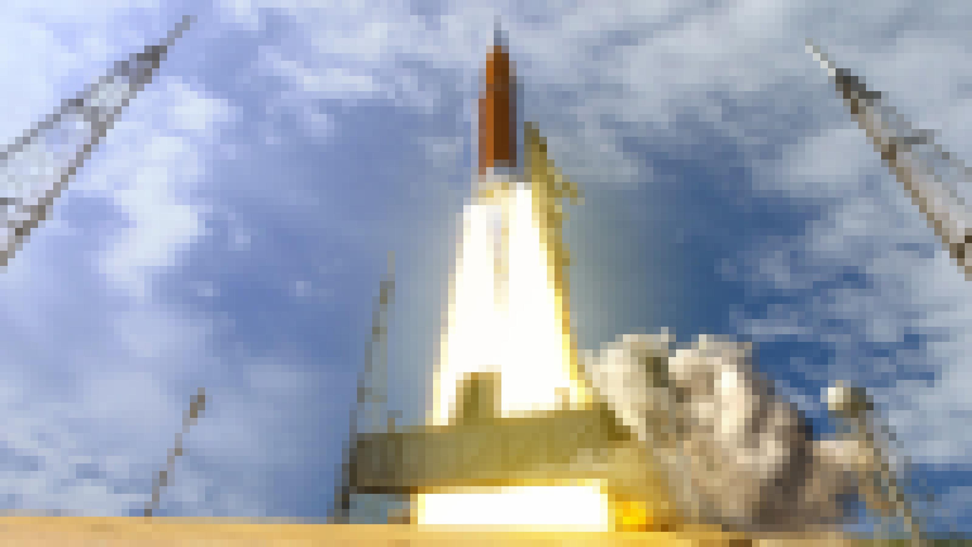 Eine Illustration eines Raketenstarts der SLS-Mondrakete der Nasa. Das Szenario spielt bei Tag unter blauem, leicht bewölktem Himmel. Die Triebwerke der Rakete spucken Feuer und befördern sie in die Luft.