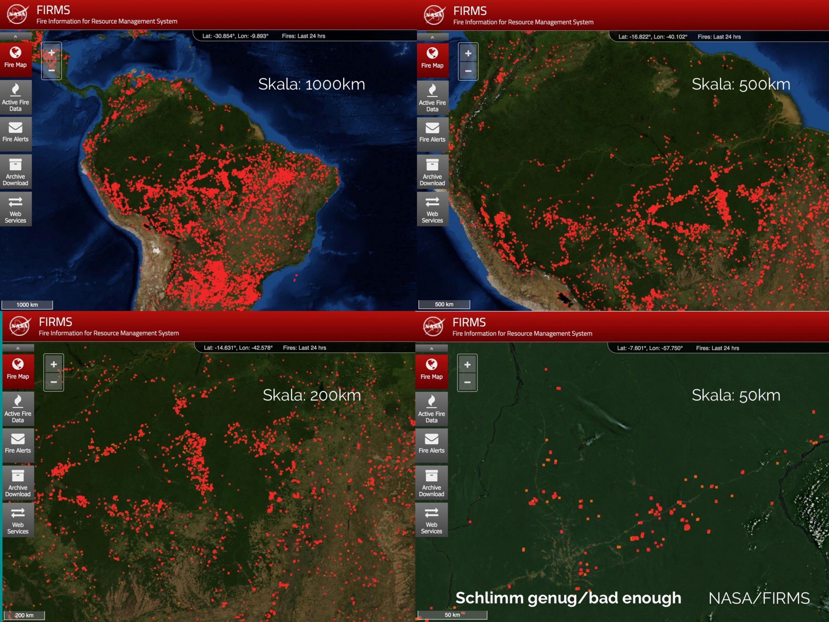 Vier Ausschnitte von NASA-Aufnahmen von Südamerika. In rot sind brennende Flächen markiert. Die verwendete Skala wird von Ausschnitt zu Ausschnitt kleiner. In der 50km Skala zeigt sich, dass es keinen Flächenbränd gibt.