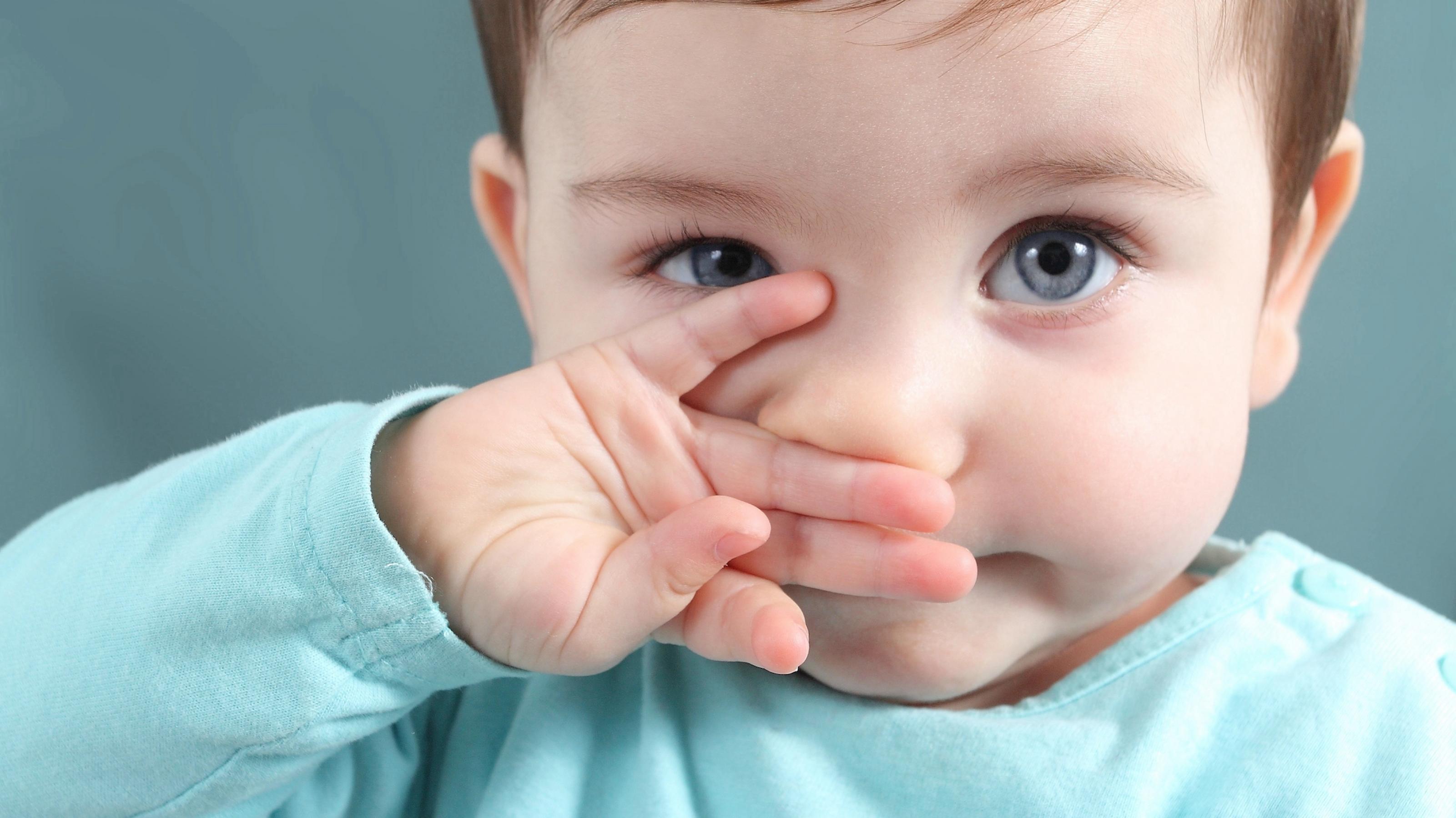 Ein kleines Kind mit blauen Augen und glatten braunen Haaren schaut in die Kamera. Mit der rechte Hand wischt es sich gerade über die Nase.