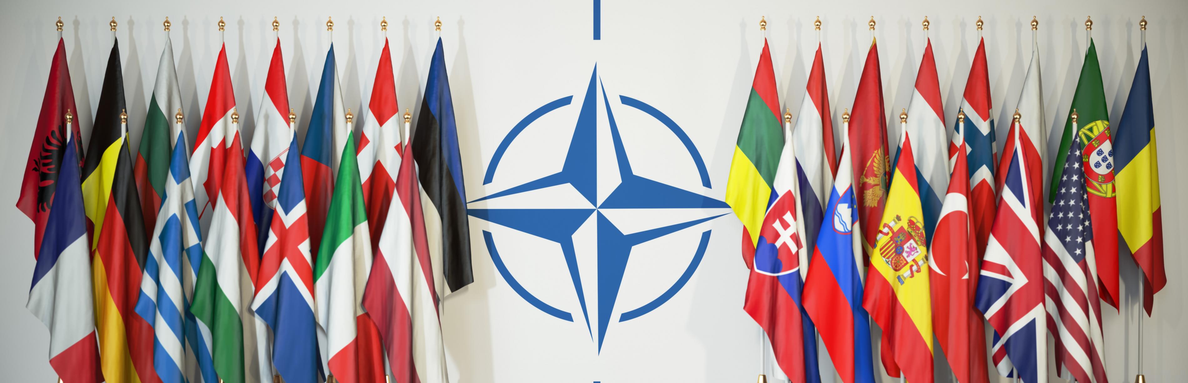 Rechts und links des NATO-Symbols sind die Fahnen der Mitgliedsstaaten zu sehen.