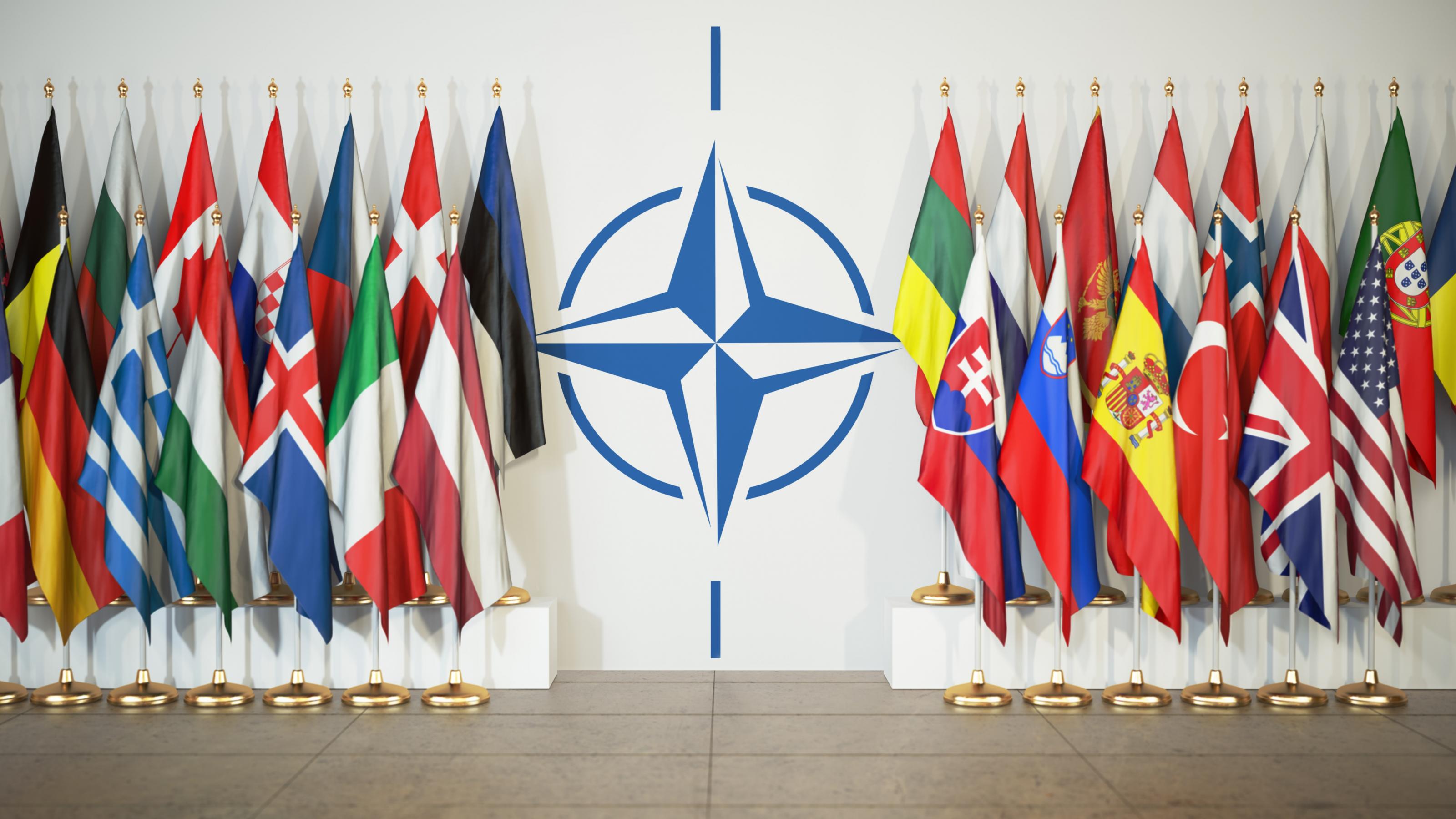 Rechts und links des NATO-Symbols sind die Fahnen der Mitgliedsstaaten zu sehen.