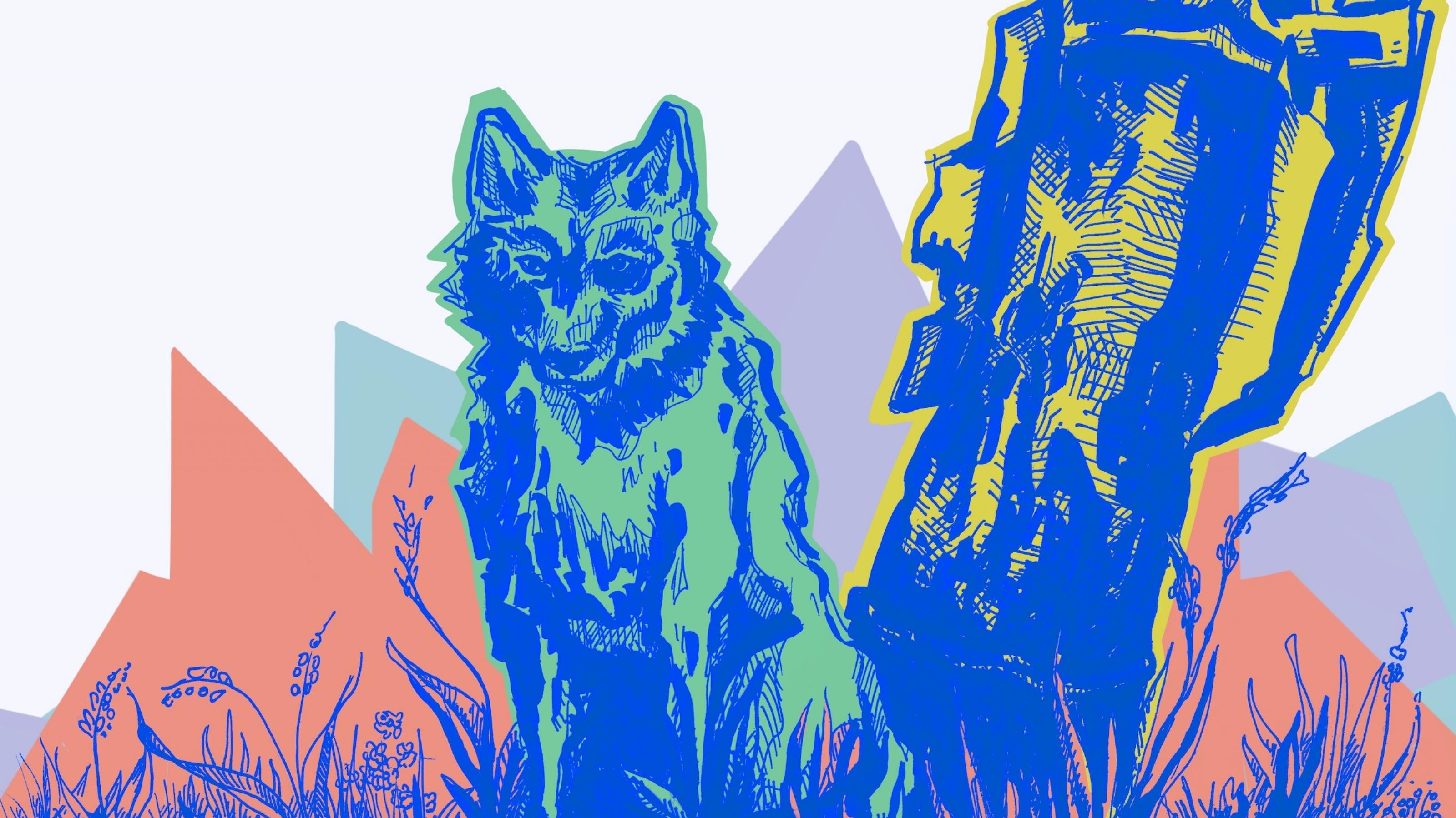 Die Illustration zeigt einen Wolf, der neben einem abgebrochenen Baumstamm sitzt und den Betrachter anschaut.