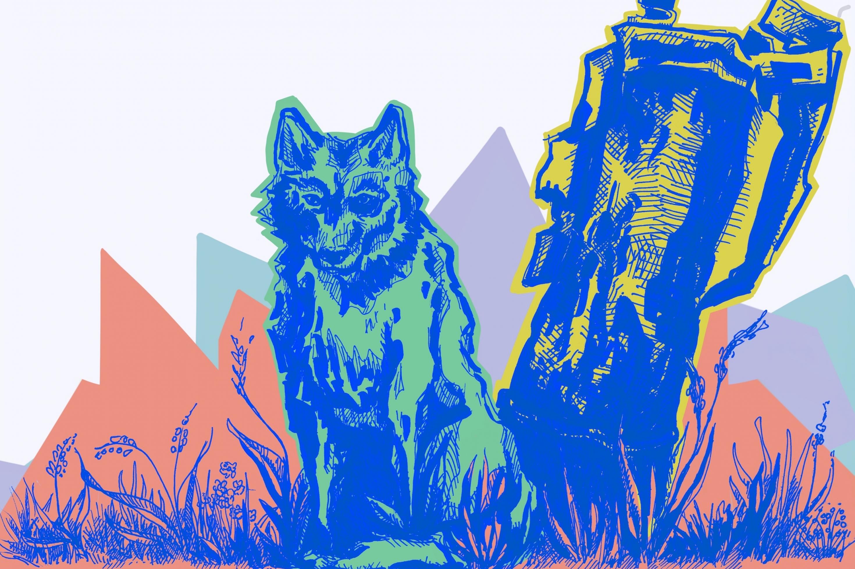 Die Illustration zeigt einen Wolf, der neben einem abgebrochenen Baumstamm sitzt und den Betrachter anschaut.