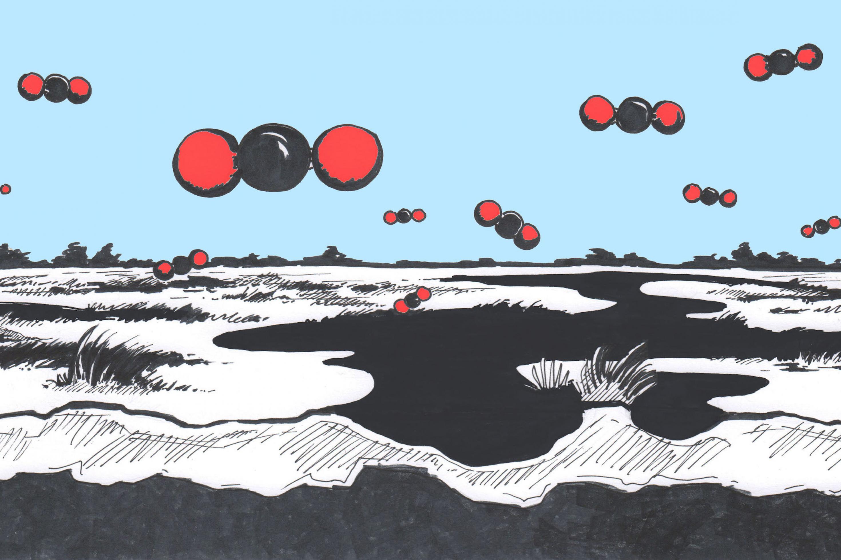 Die Illustration zeigt eine Moorlandschaft in schwarz, darüber schweben wie Raumschiffe Kohlendioxid-Moleküle, die übergroß im Kugelmodell von Atomen gezeichnet sind.
