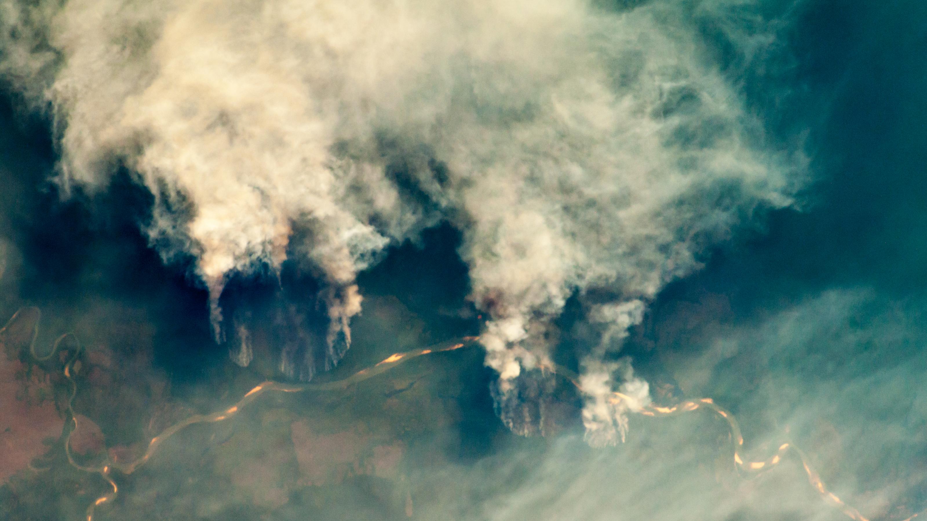 Satellitenaufnahme von brennendem Regenwald, Rauchsäulen steigen in große Höhe auf