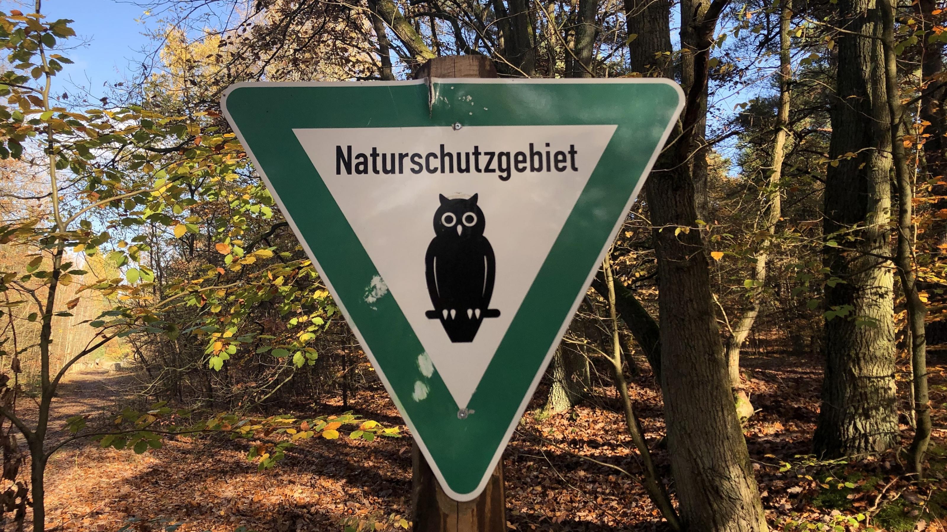 Schild eines Naturschutzgebietes in Berlin mit Eule vor Herbstwald