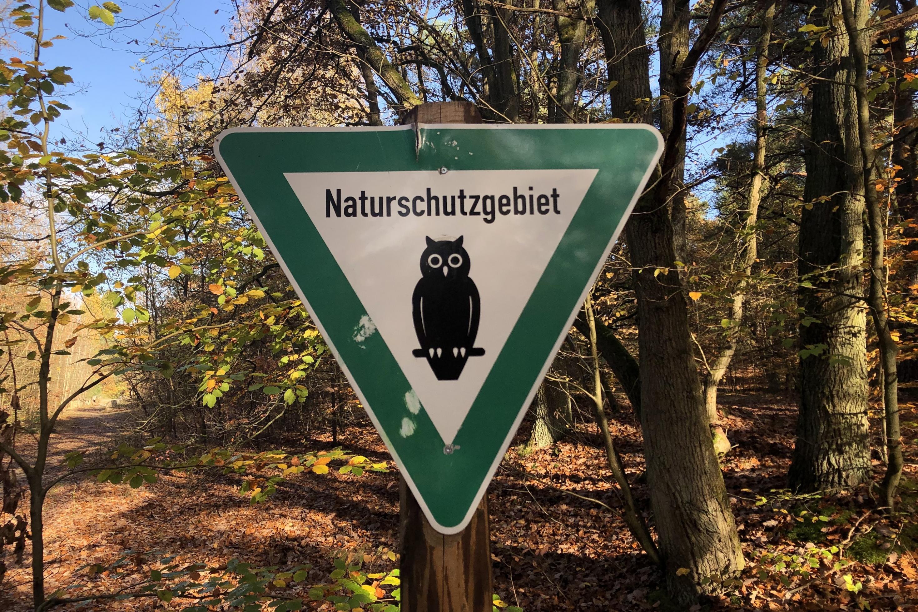 Schild eines Naturschutzgebietes in Berlin mit Eule vor Herbstwald